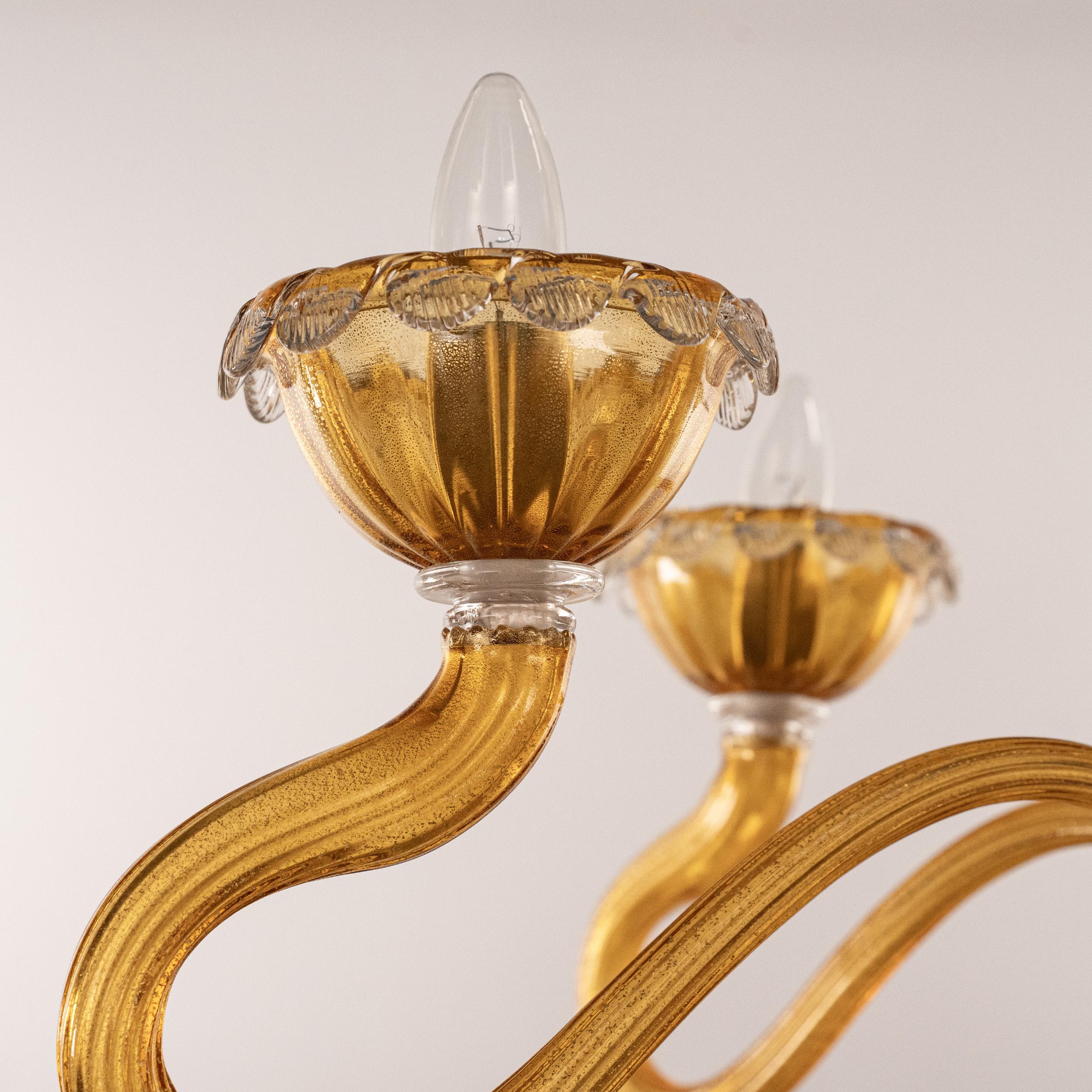 italien Lustre en verre ambre et or Murano 5 lumières Vintage Made in Italy en stock en vente