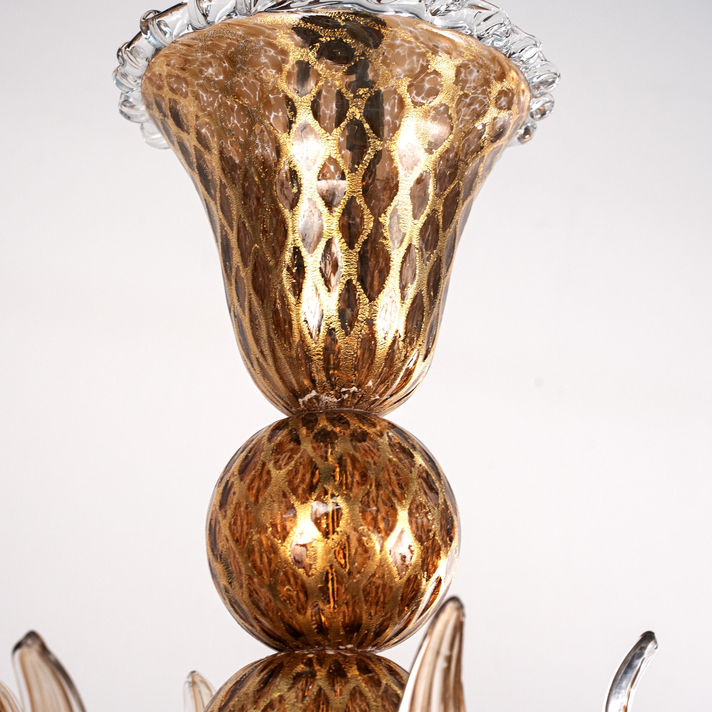 Lampadario in vetro di Murano ambra e oro a 5 luci Vintage Made in Italy in stock In condizioni ottime in vendita a Venezia, IT