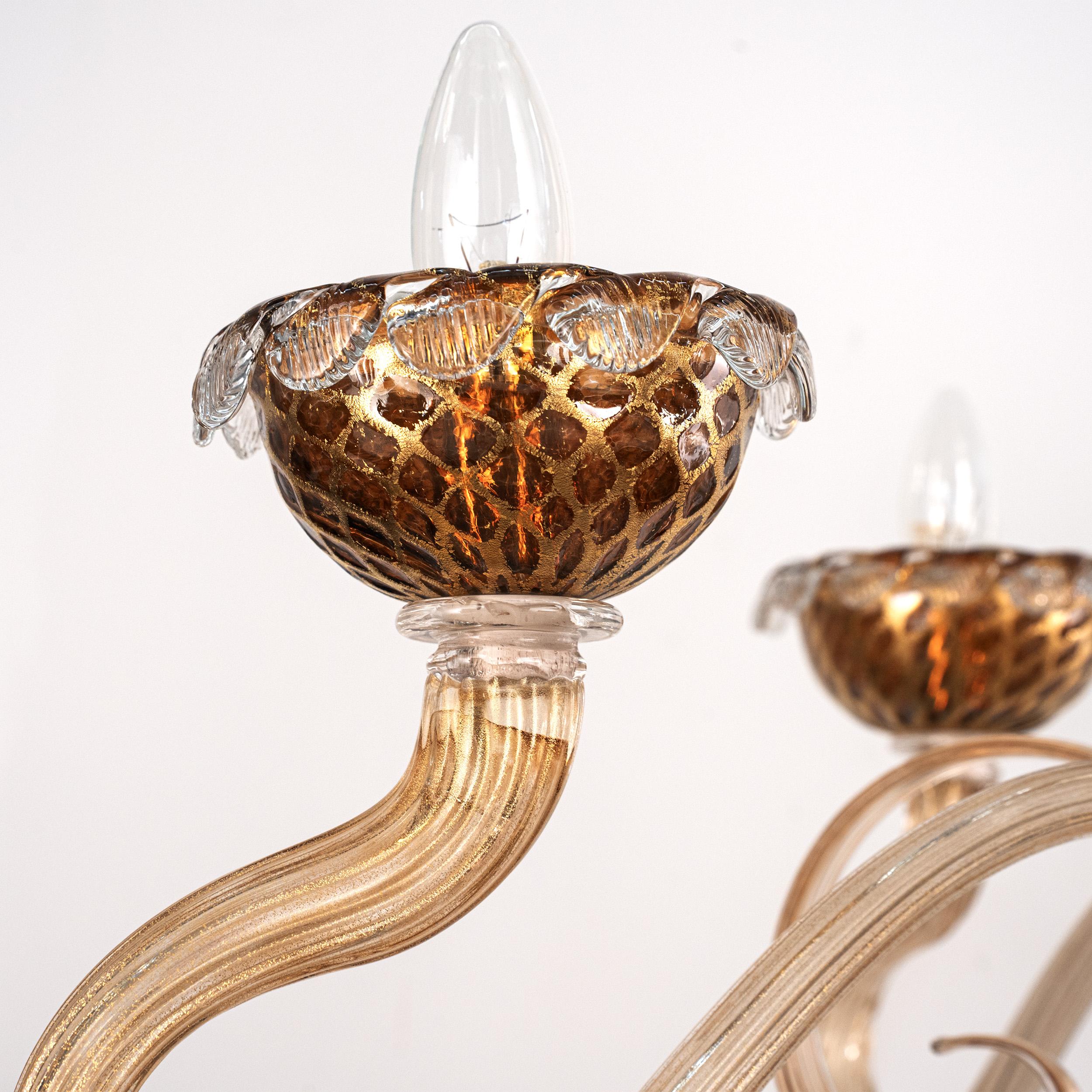 Lampadario in vetro di Murano ambra e oro a 5 luci Vintage Made in Italy in stock in vendita 1