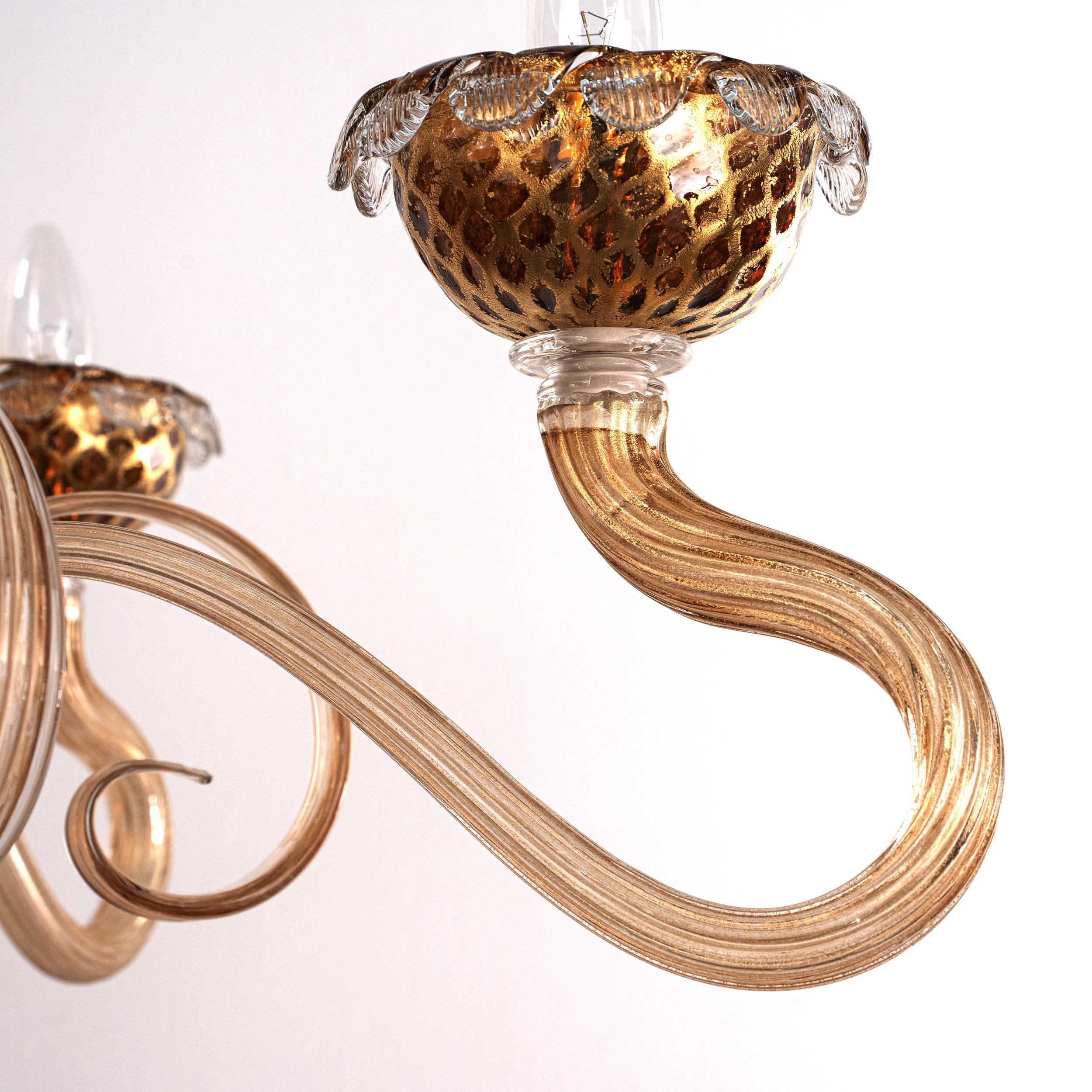 Lampadario in vetro di Murano ambra e oro a 5 luci Vintage Made in Italy in stock in vendita 2