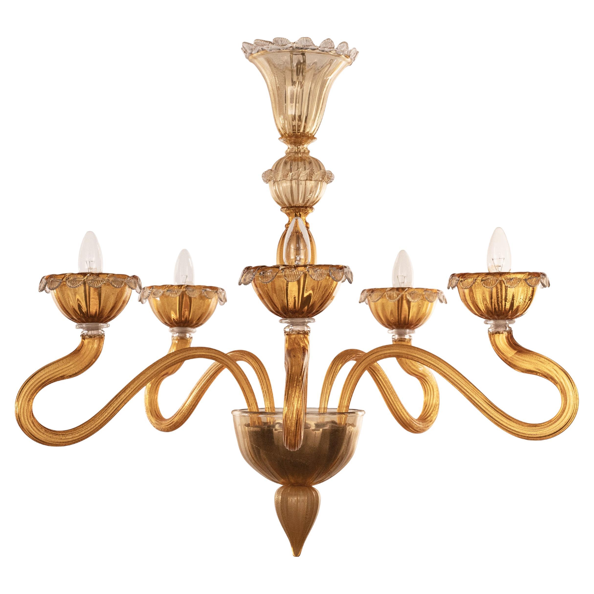 Lustre en verre ambre et or Murano 5 lumières Vintage Made in Italy en stock