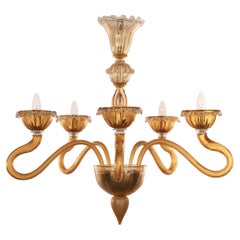 Lustre en verre ambre et or Murano 5 lumières Vintage Made in Italy en stock