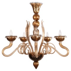 Murano Amber and Gold glass chandelier 5 lights Vintage Made in Italy in stock