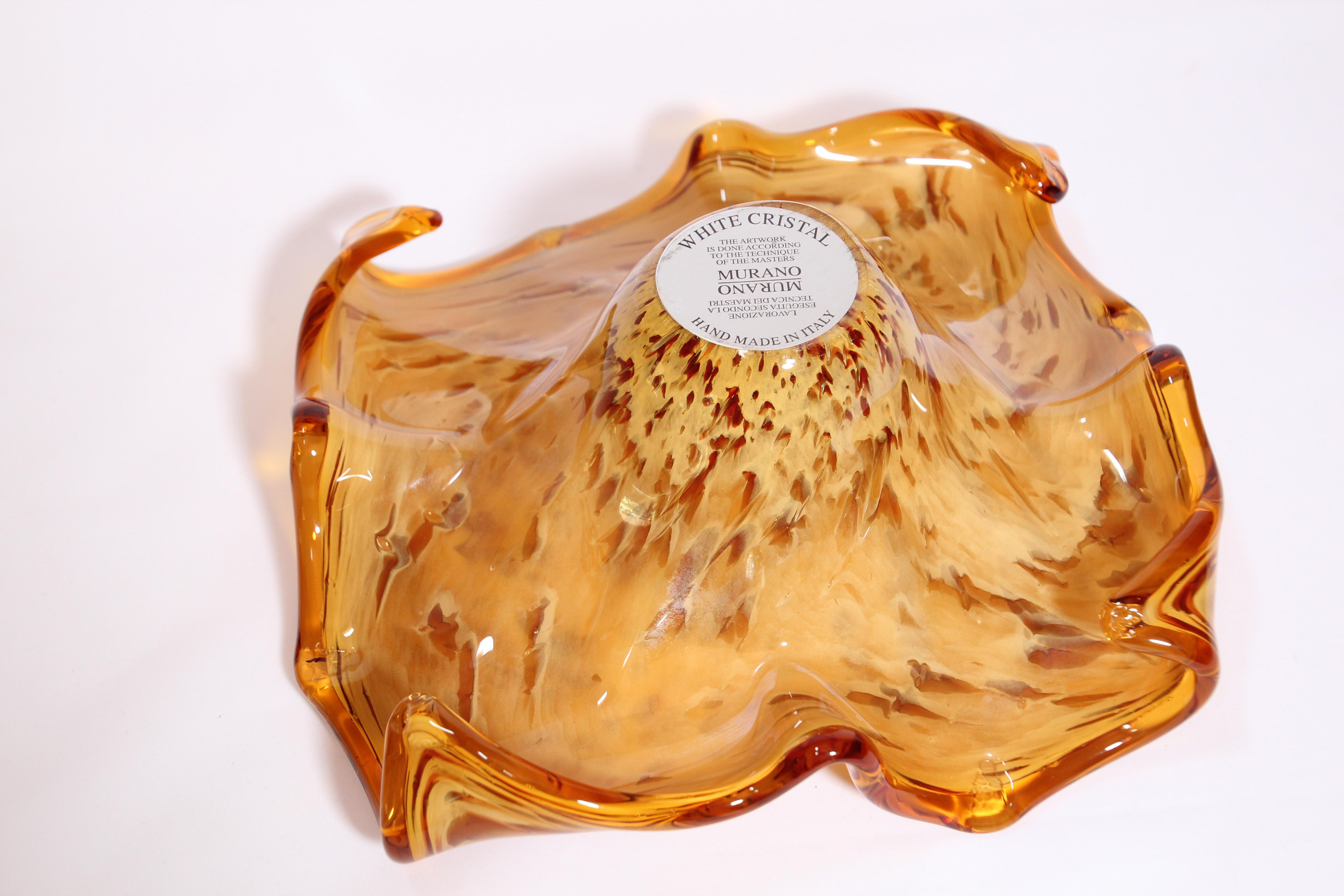 Hand-Carved Murano Amber and Gold Venetian Handblown Art Glass Bowl