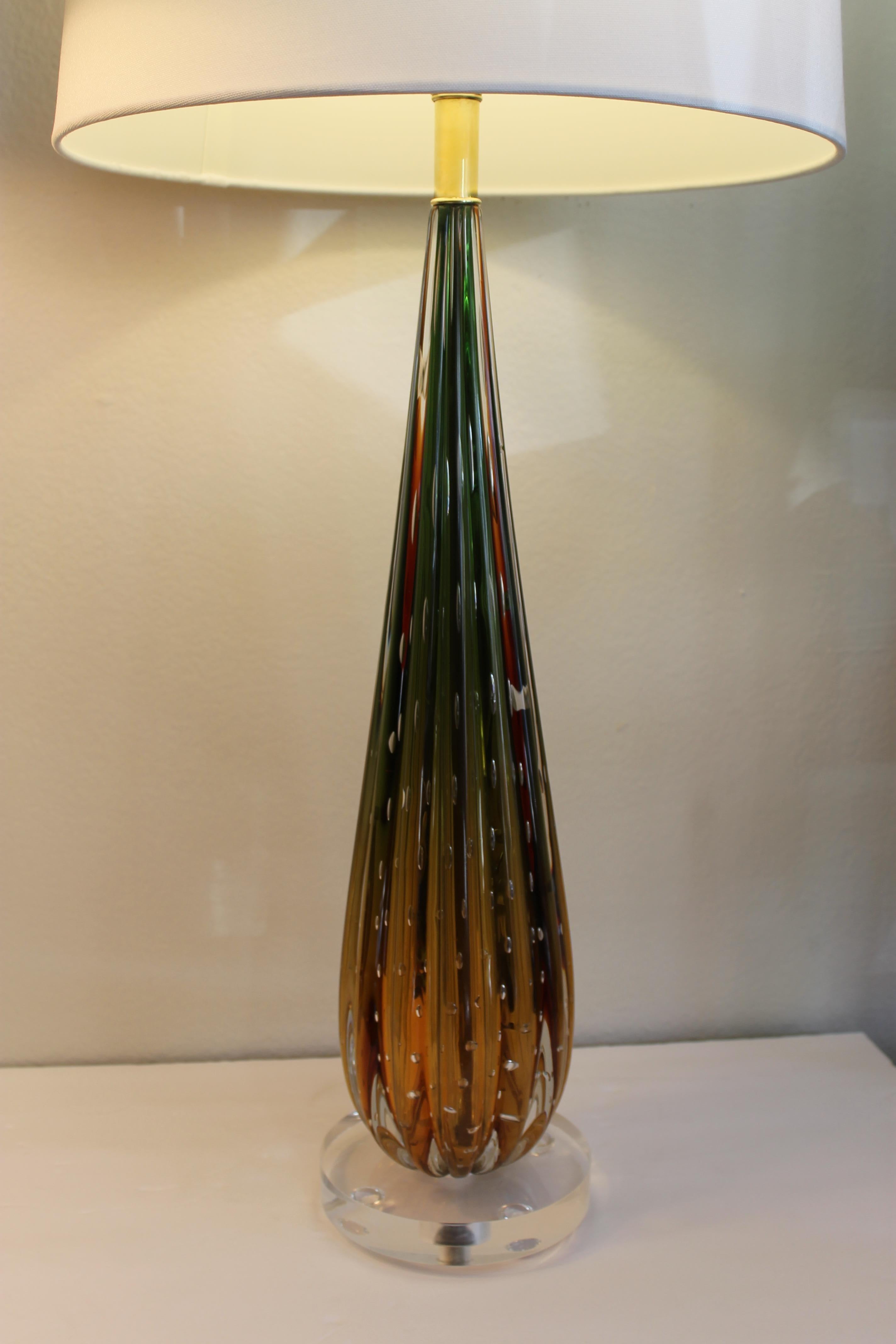 Murano amber and green glass lamp. Glass portion is 20