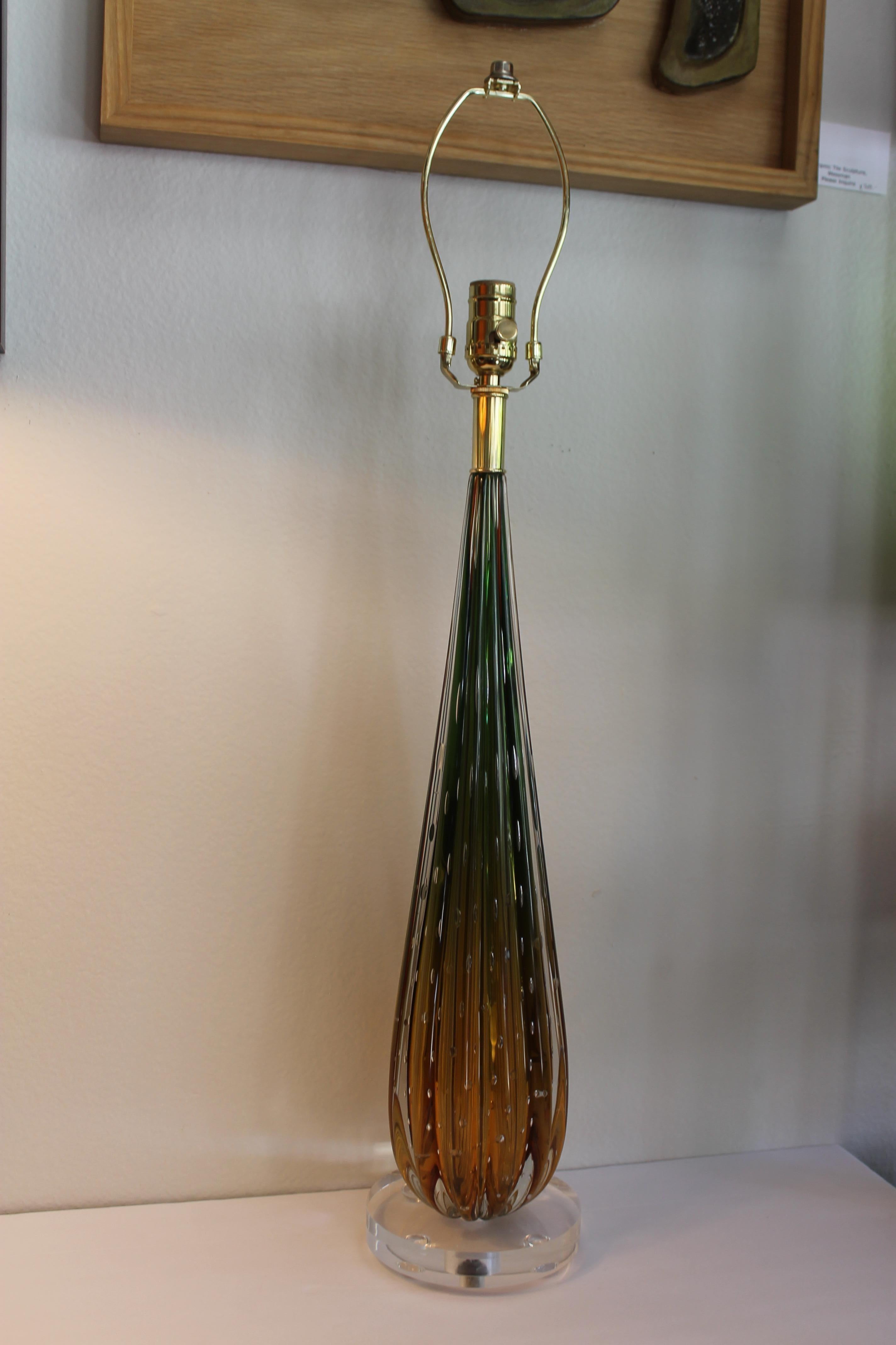 Mid-Century Modern Murano Amber and Green Glass Lamp  For Sale