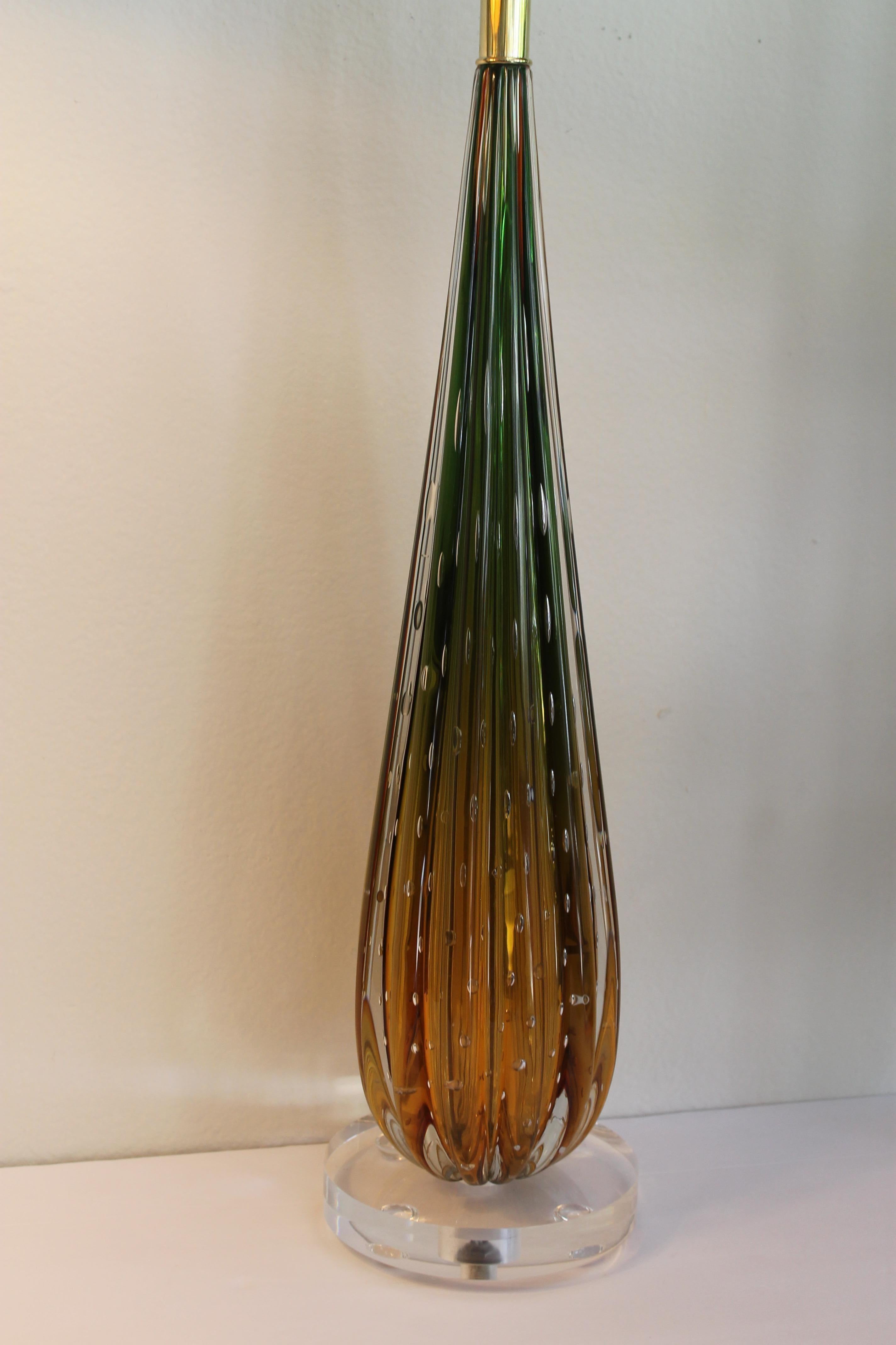 Italian Murano Amber and Green Glass Lamp  For Sale