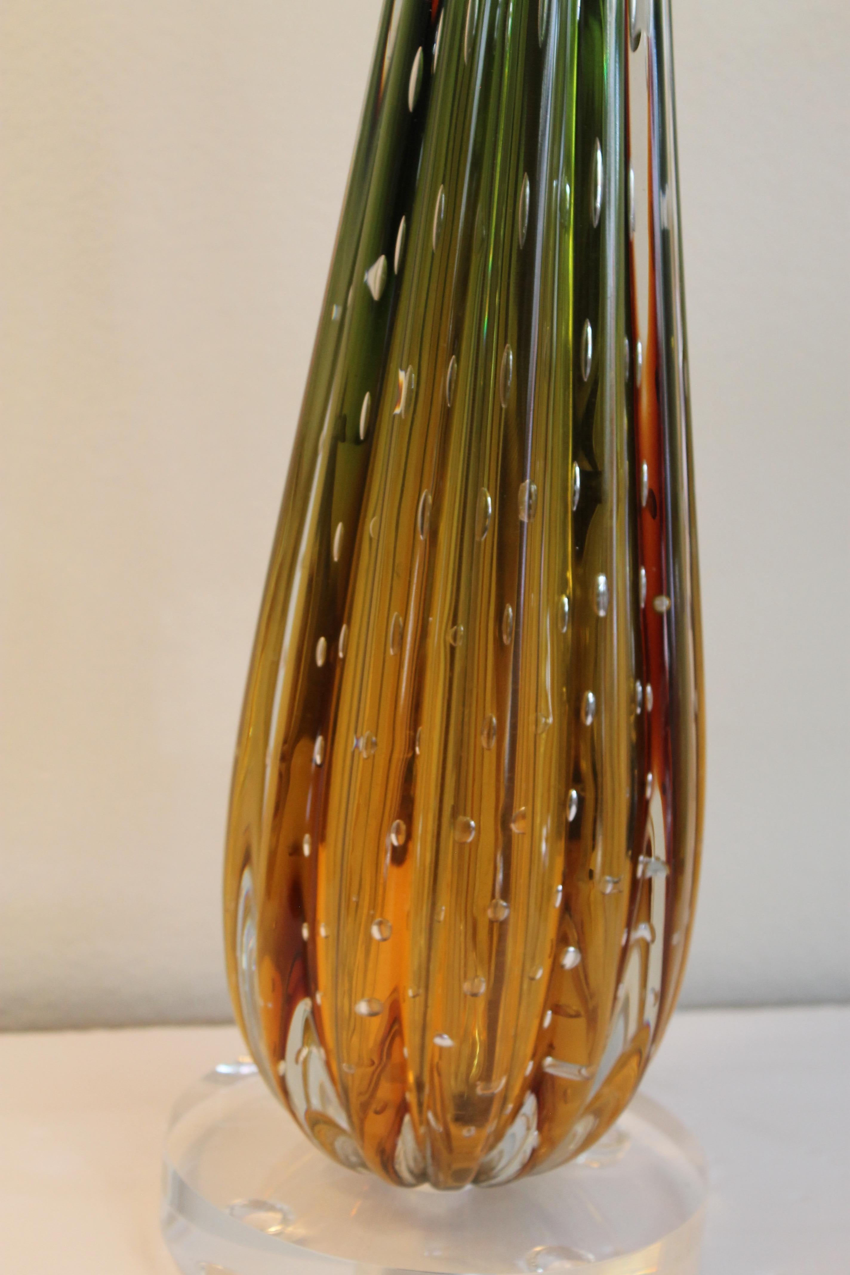 Brass Murano Amber and Green Glass Lamp  For Sale