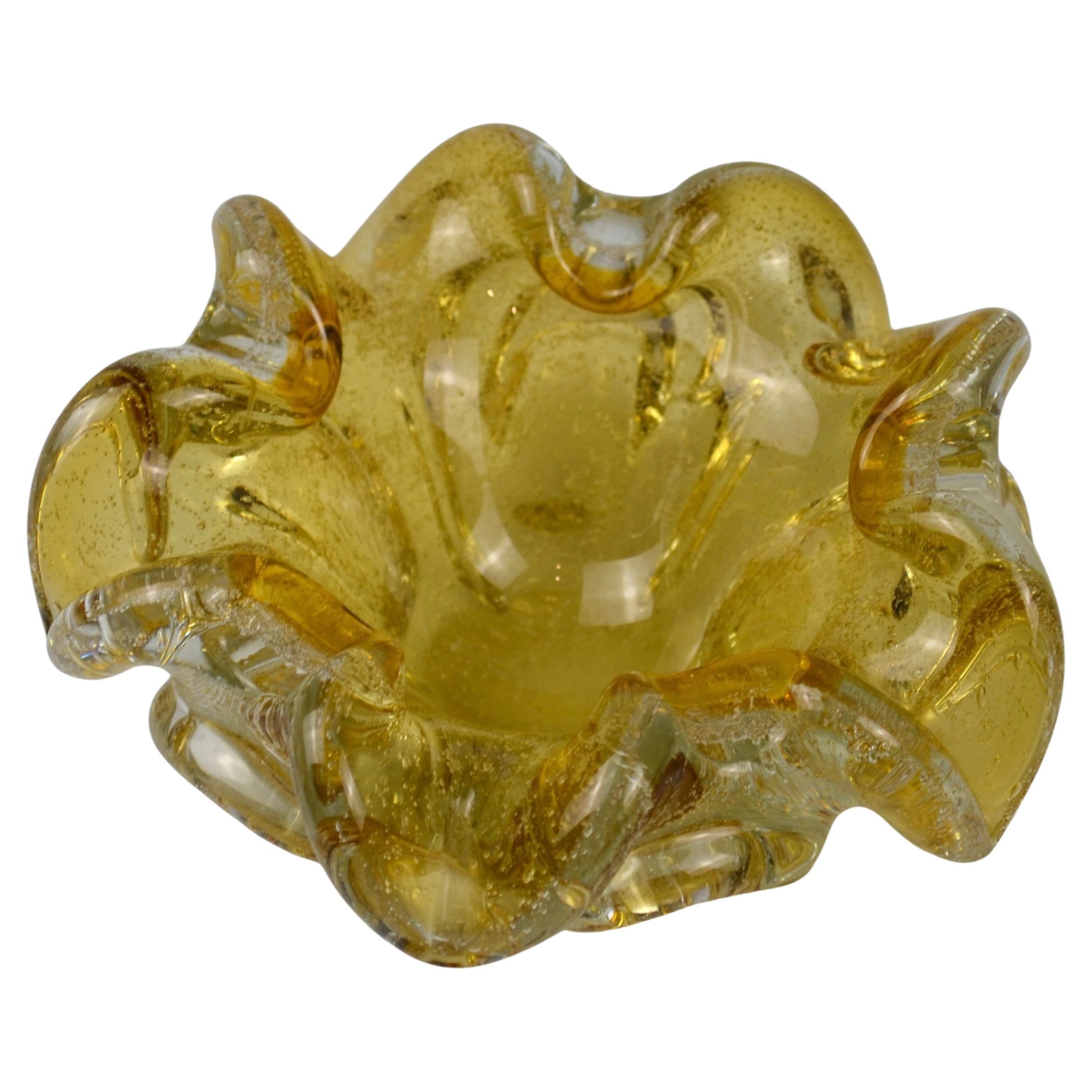 Murano Amber Art Glass Ashtray with Controlled Bubbles, Italy, circa 1960s For Sale