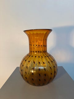 Murano Amber Art Glass Vase with Black Spotted Design and Flared Rim