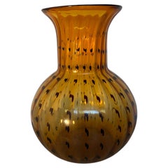 Murano Amber Art Glass Vase with Black Spotted Design and Flared Rim