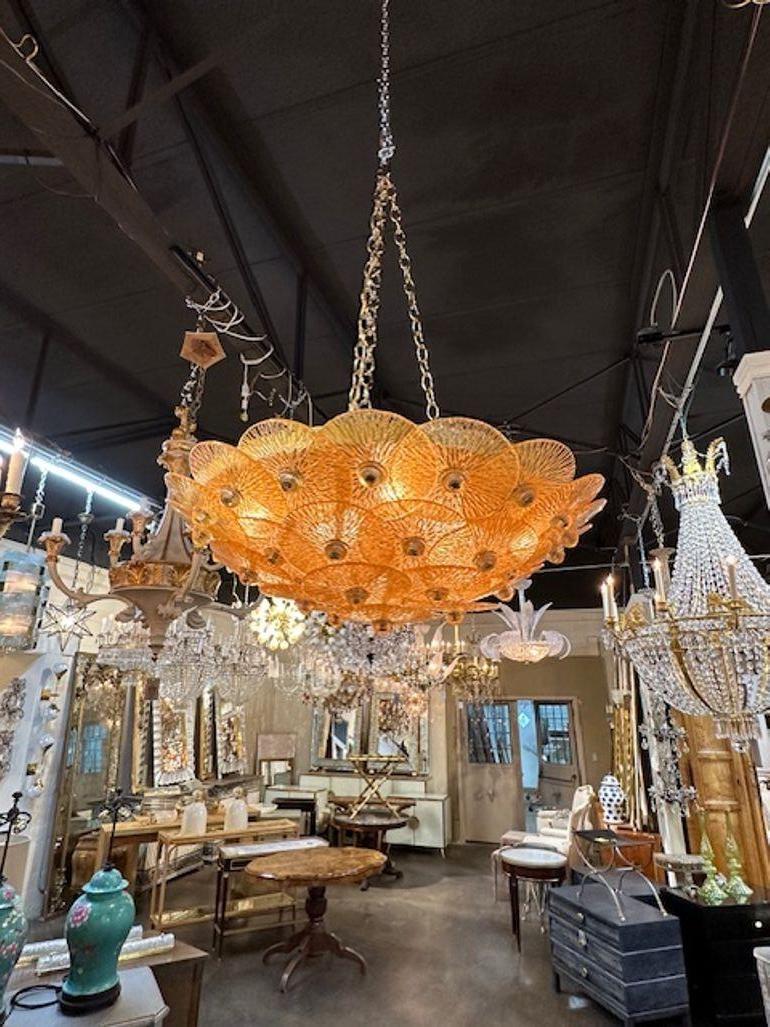 Modern Murano amber glass flush mount chandelier. Circa 200. The chandelier has been professionally rewired, comes with matching chain and canopy. It is ready to hang!
