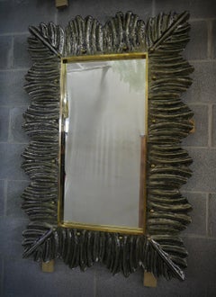 Murano Amber/Fume' Color Glass and Brass Mid-Century Wall Mirror, 2020