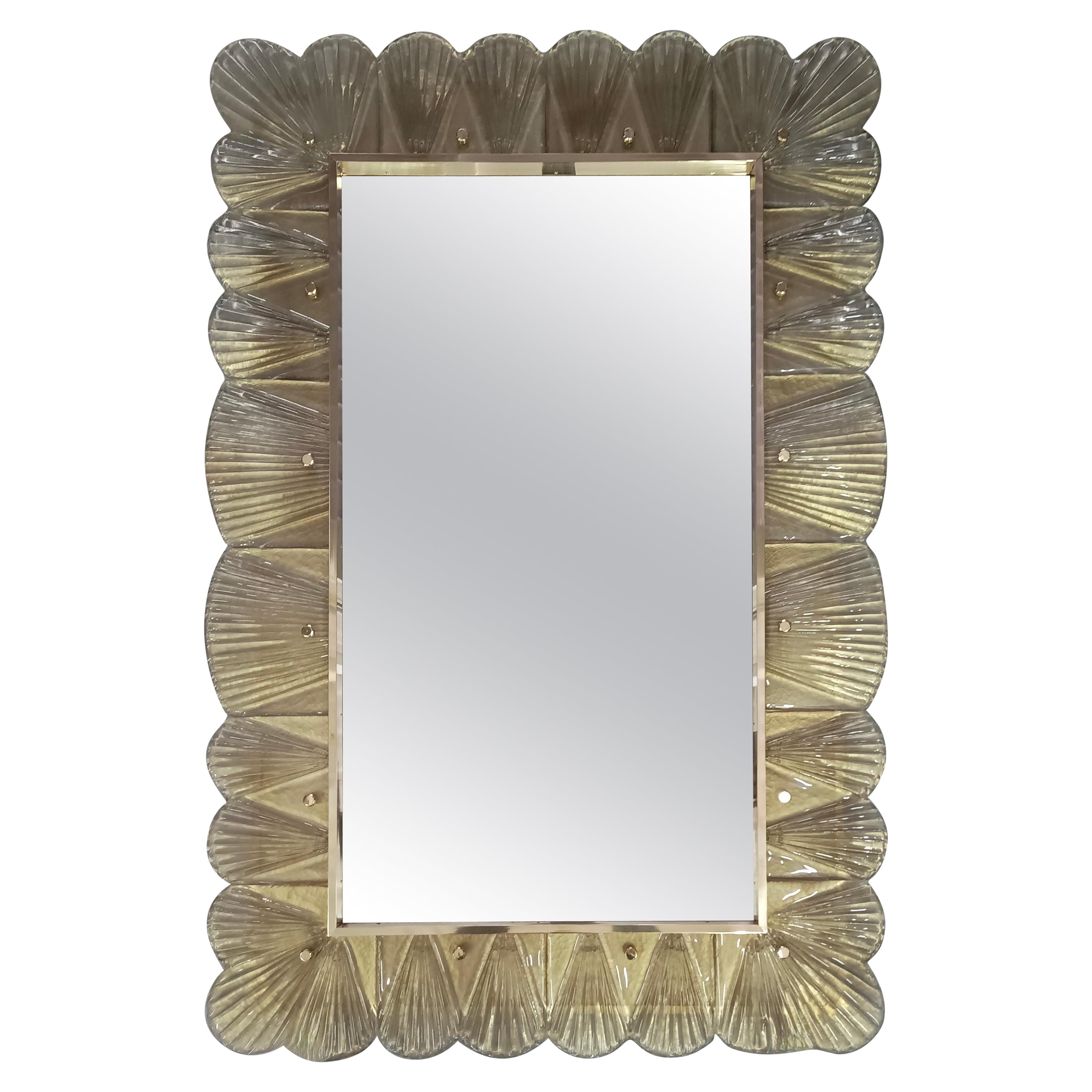 Murano Amber/Fume' Color Glass and Brass Mid-Century Wall Mirror, 2000