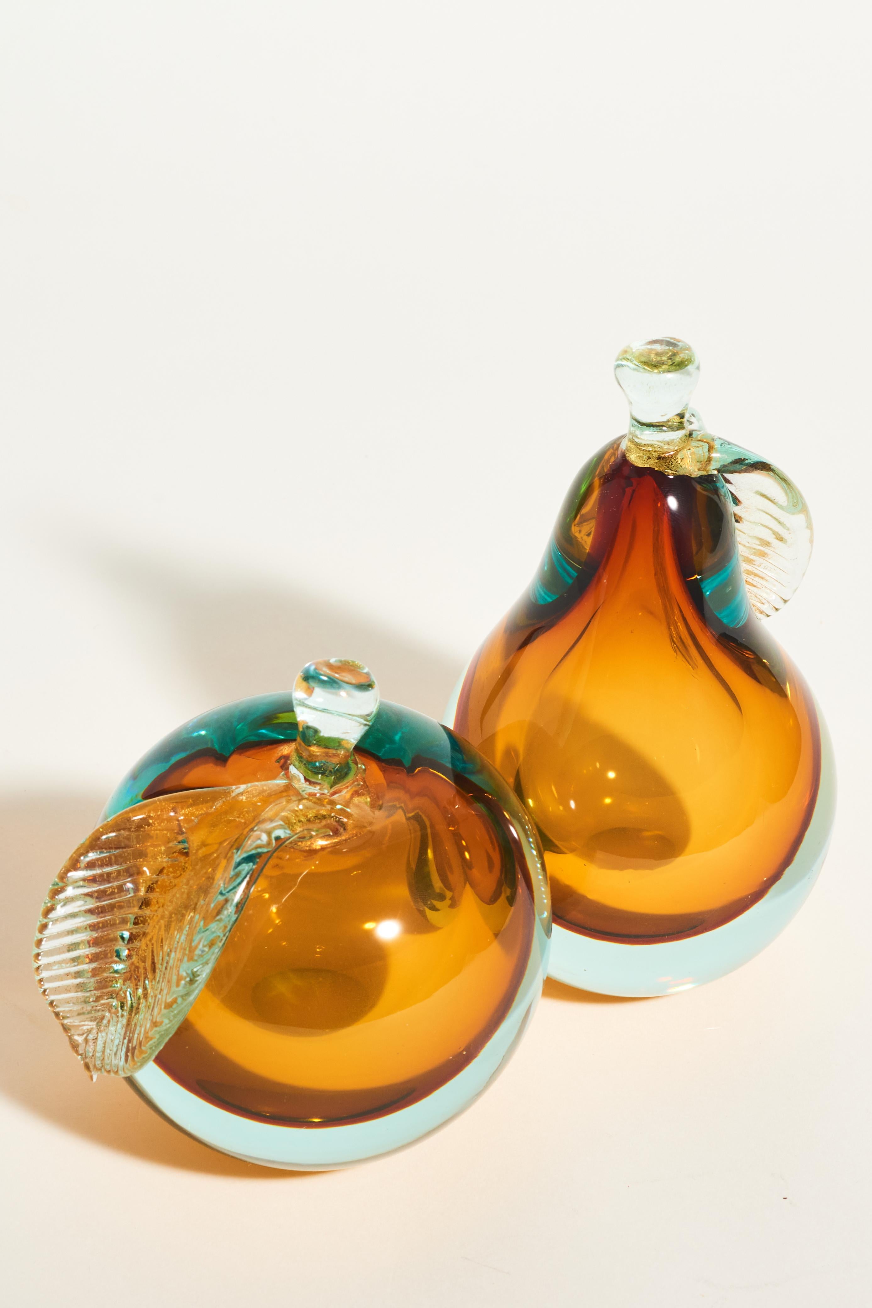 Italian Murano Amber Glass Apple and Pear Bookends