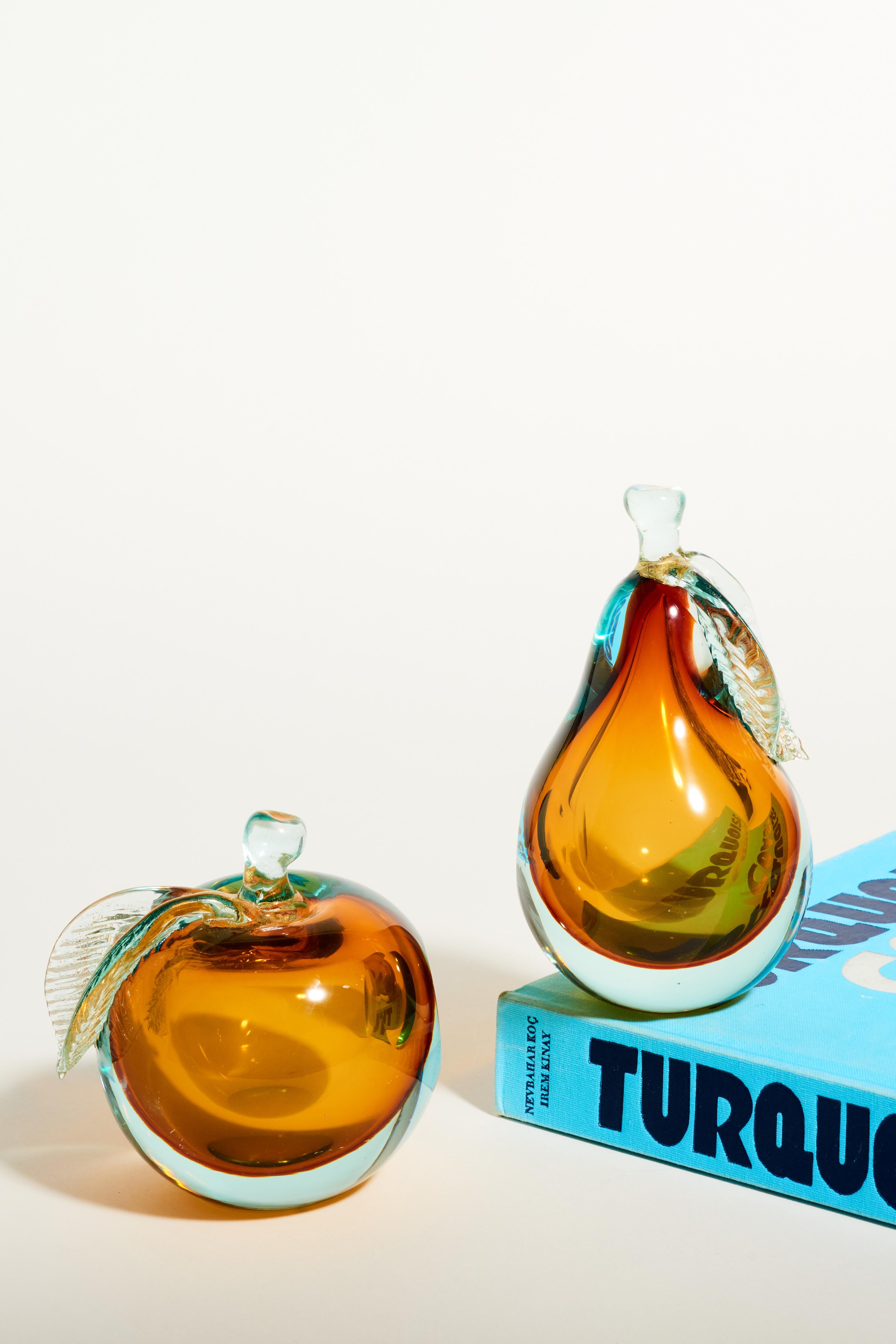 Murano Amber Glass Apple and Pear Bookends 2