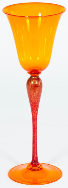 Murano Amber Glass Goblet with Gold Aventurine Stem, Italy, 1970s