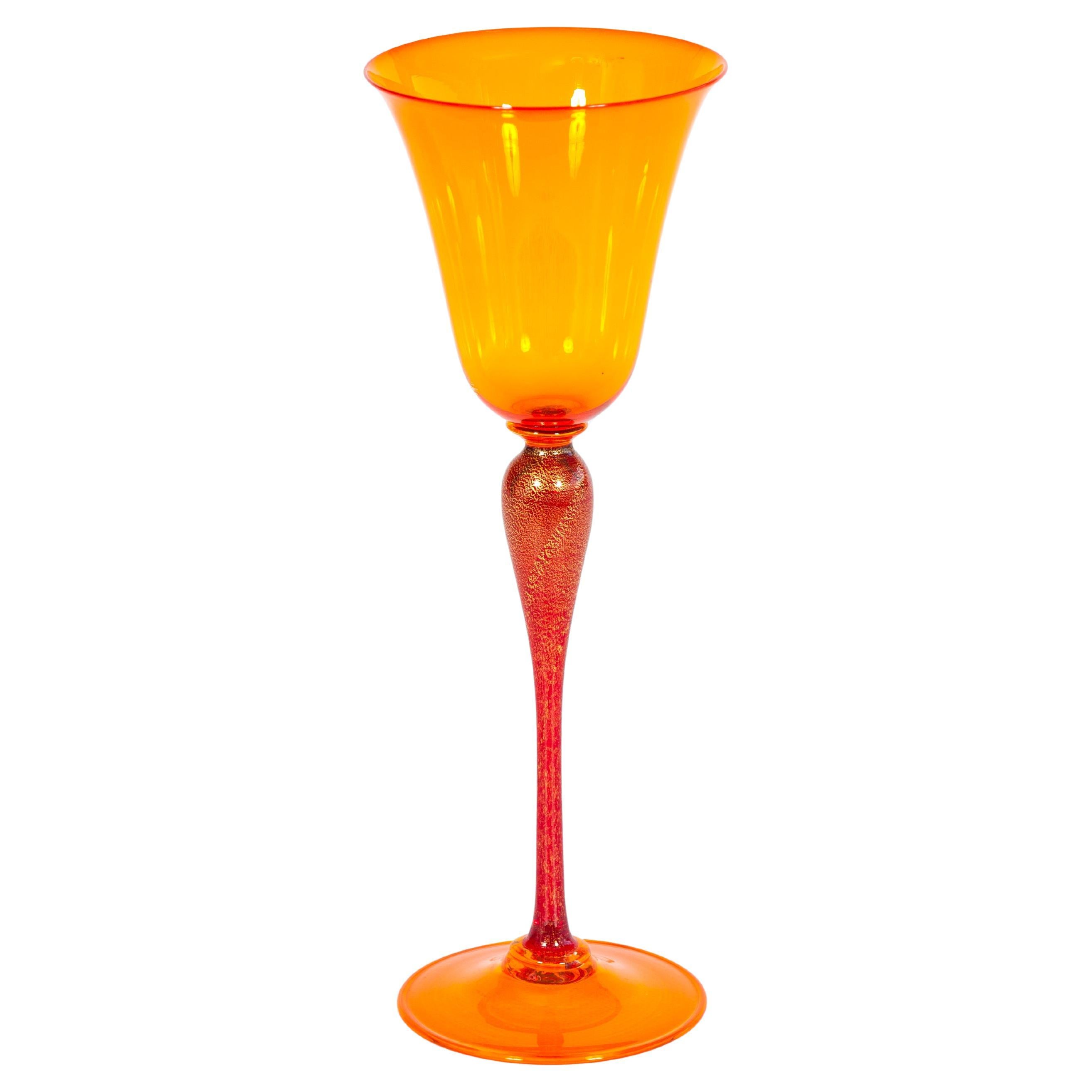 Murano Amber Glass Goblet with Gold Aventurine Stem, Italy, 1970s