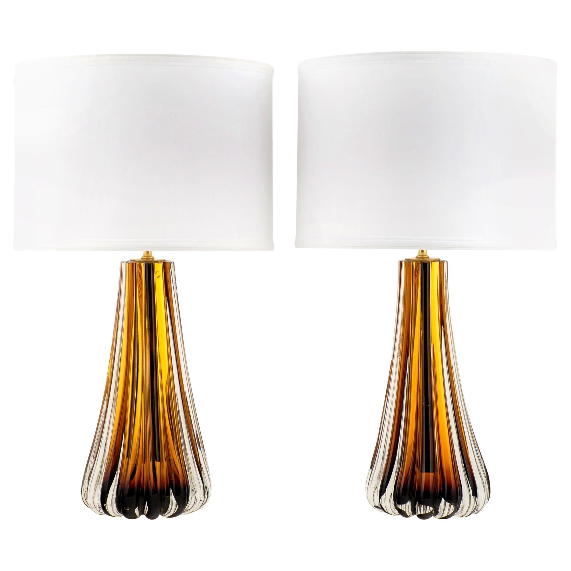 Murano Amber Glass Pair of Lamps