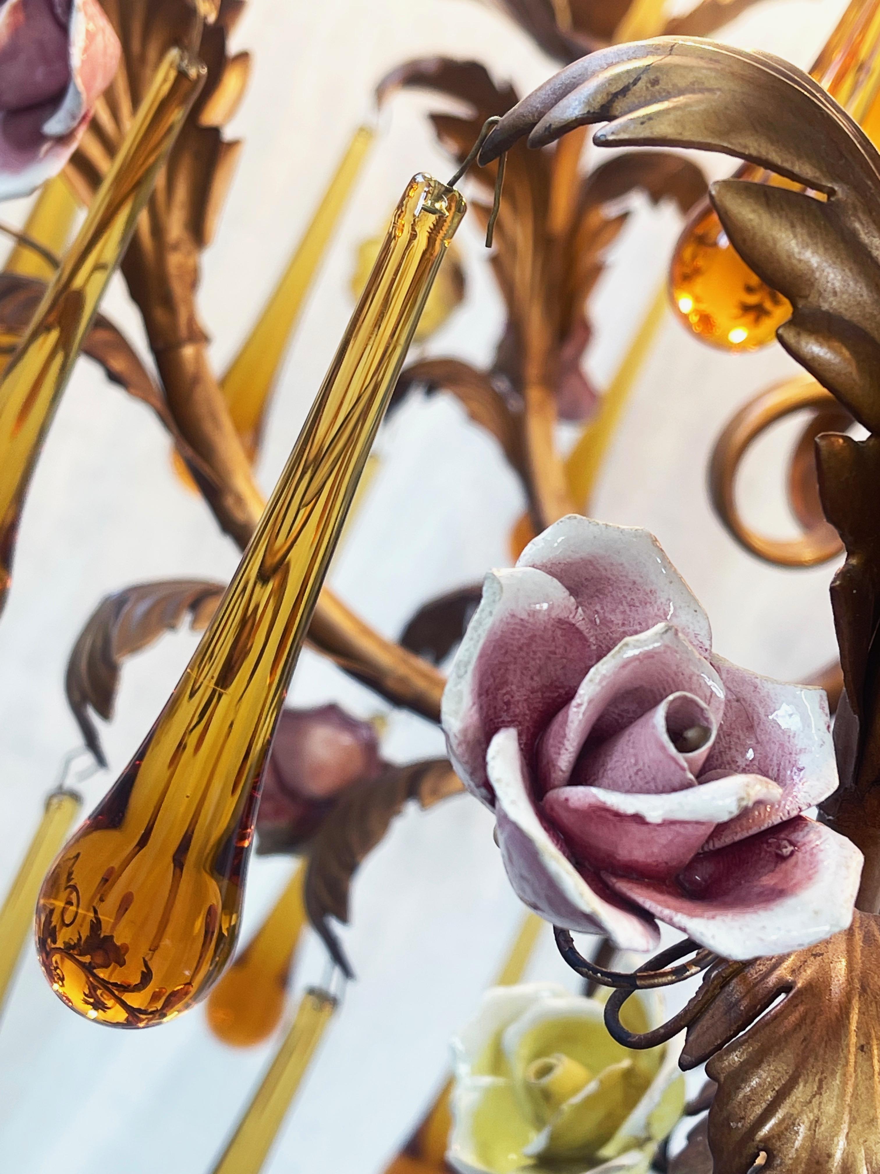 Murano Amber Glass Teardrop Chandelier, Toleware & Floral Rosebuds, 1960s, Italy 3