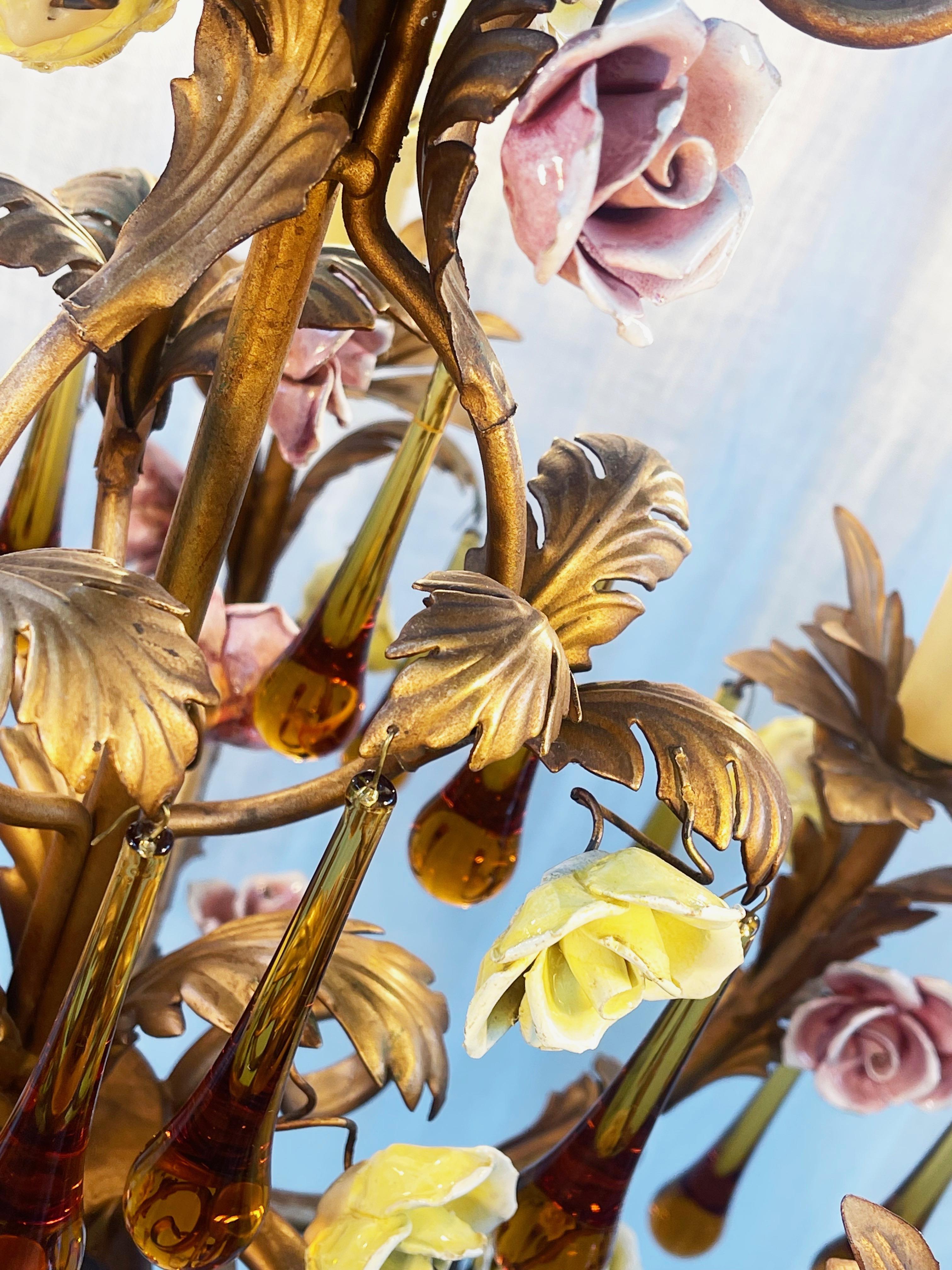 Murano Amber Glass Teardrop Chandelier, Toleware & Floral Rosebuds, 1960s, Italy 4