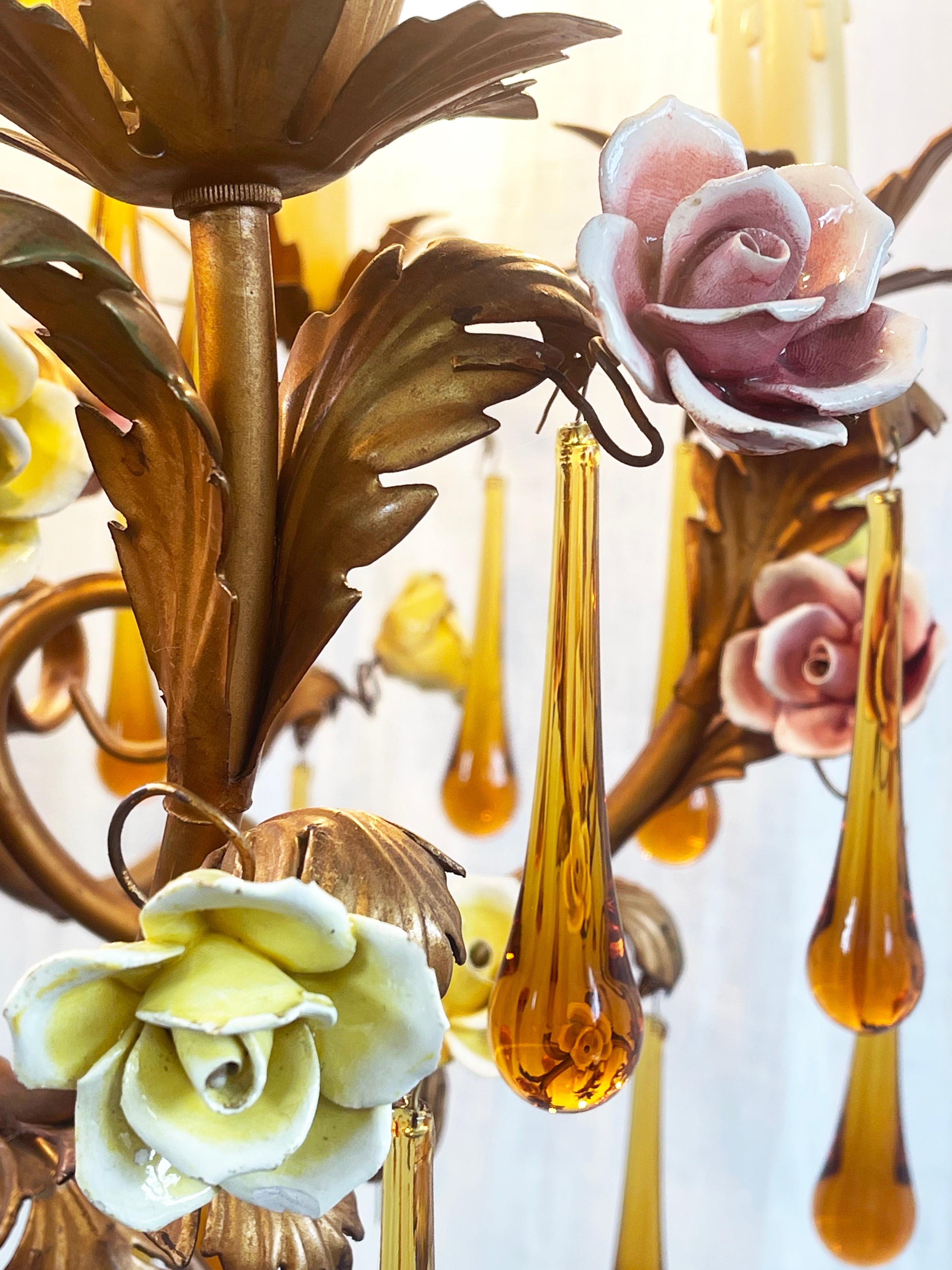 Murano Amber Glass Teardrop Chandelier, Toleware & Floral Rosebuds, 1960s, Italy 5