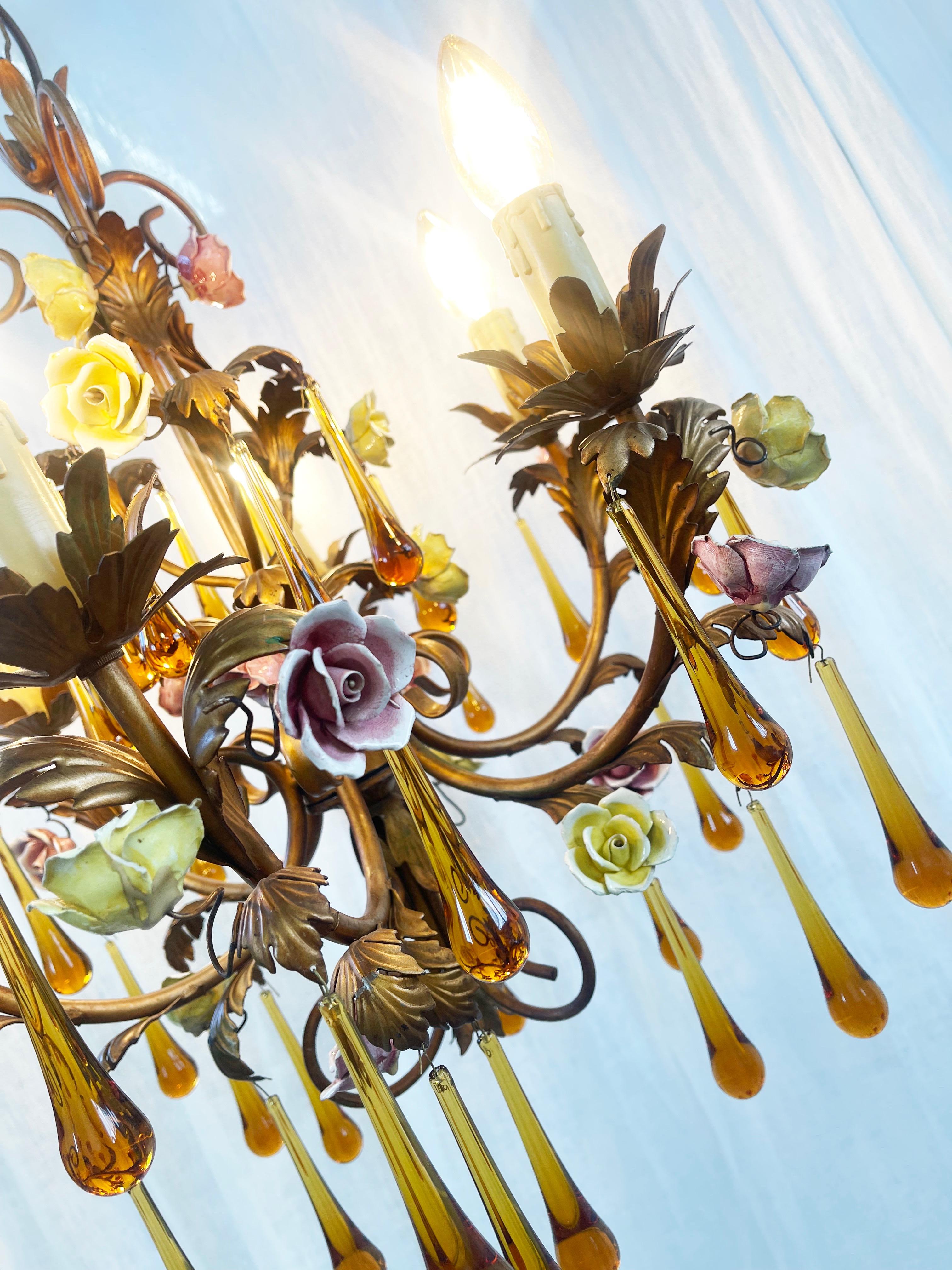 Murano Amber Glass Teardrop Chandelier, Toleware & Floral Rosebuds, 1960s, Italy In Fair Condition In Andernach, DE