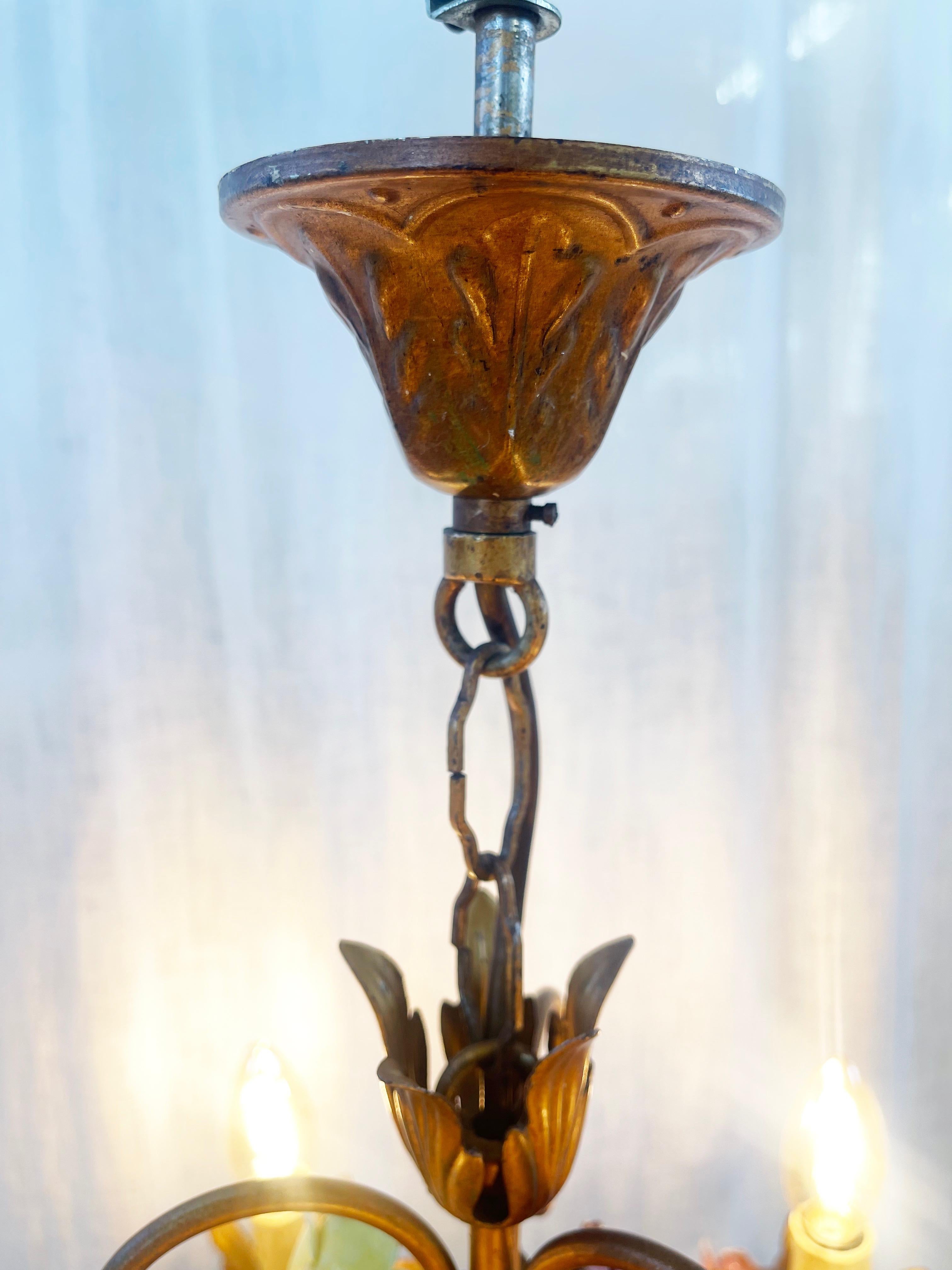Murano Amber Glass Teardrop Chandelier, Toleware & Floral Rosebuds, 1960s, Italy 6