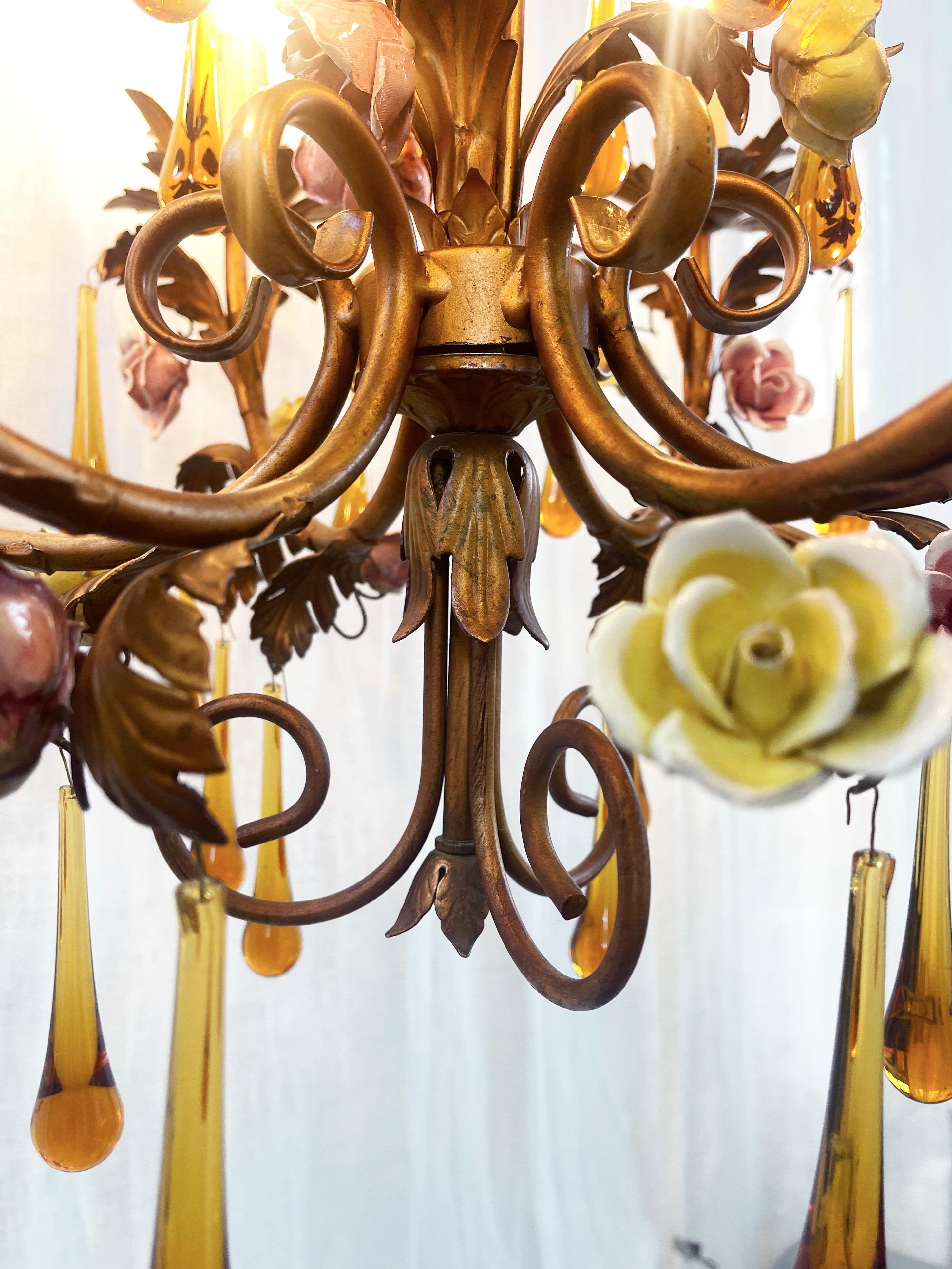 Murano Amber Glass Teardrop Chandelier, Toleware & Floral Rosebuds, 1960s, Italy 7
