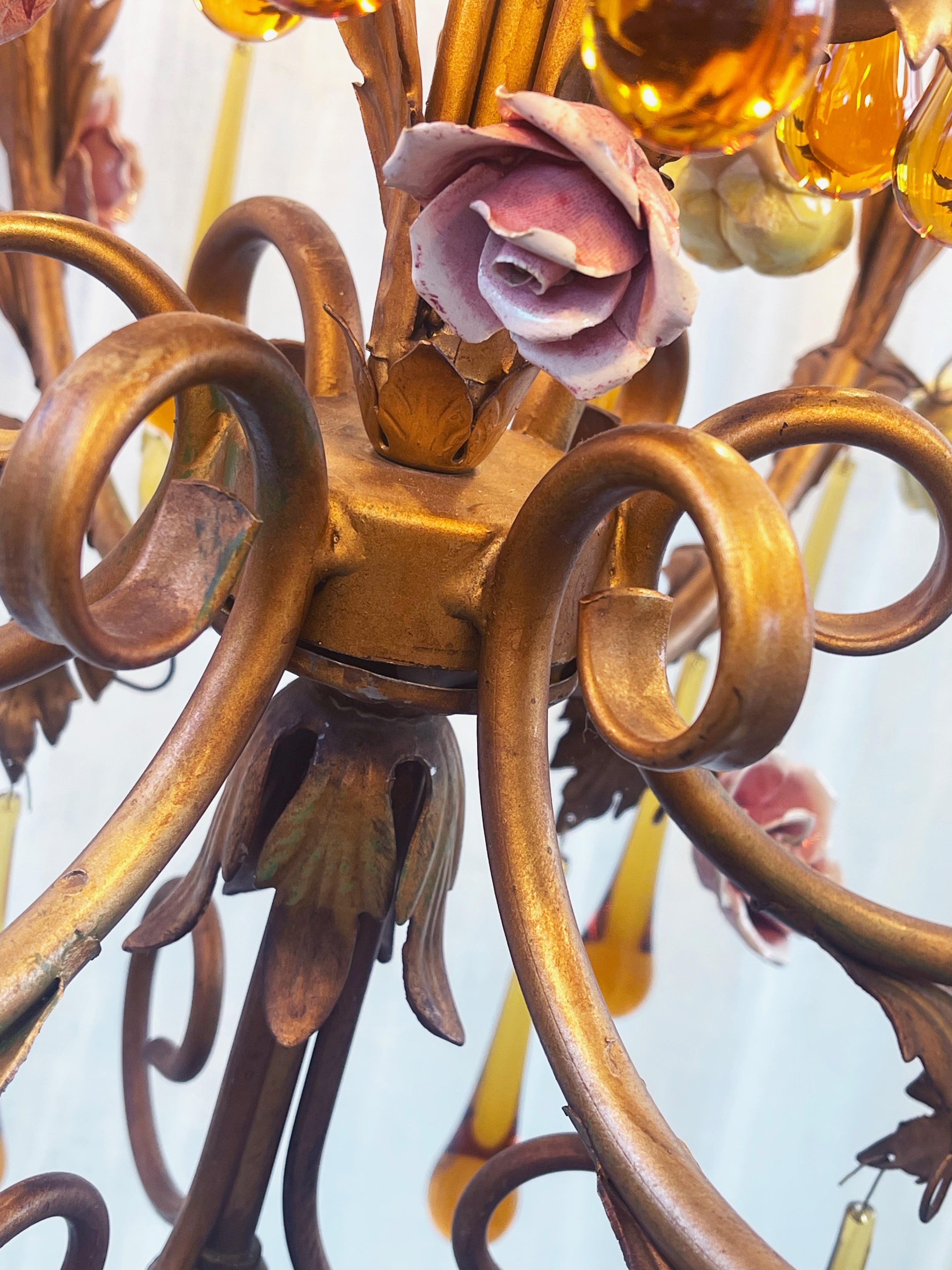 Murano Amber Glass Teardrop Chandelier, Toleware & Floral Rosebuds, 1960s, Italy 8