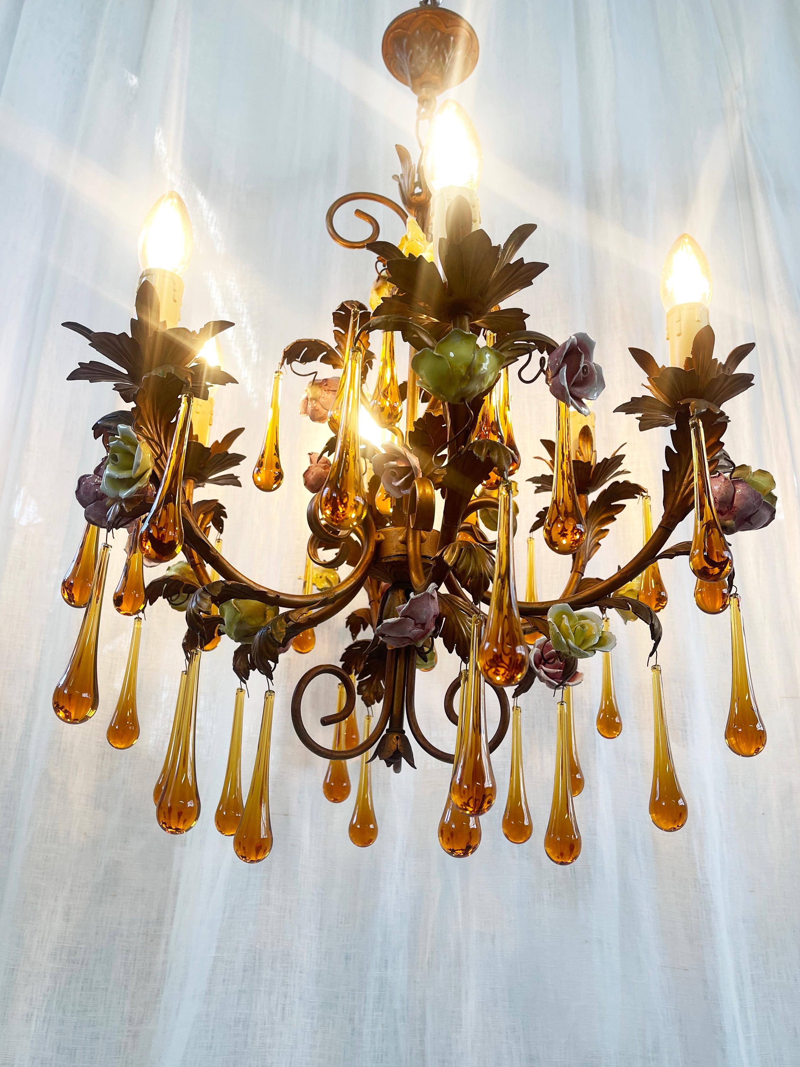 Hollywood Regency Murano Amber Glass Teardrop Chandelier, Toleware & Floral Rosebuds, 1960s, Italy
