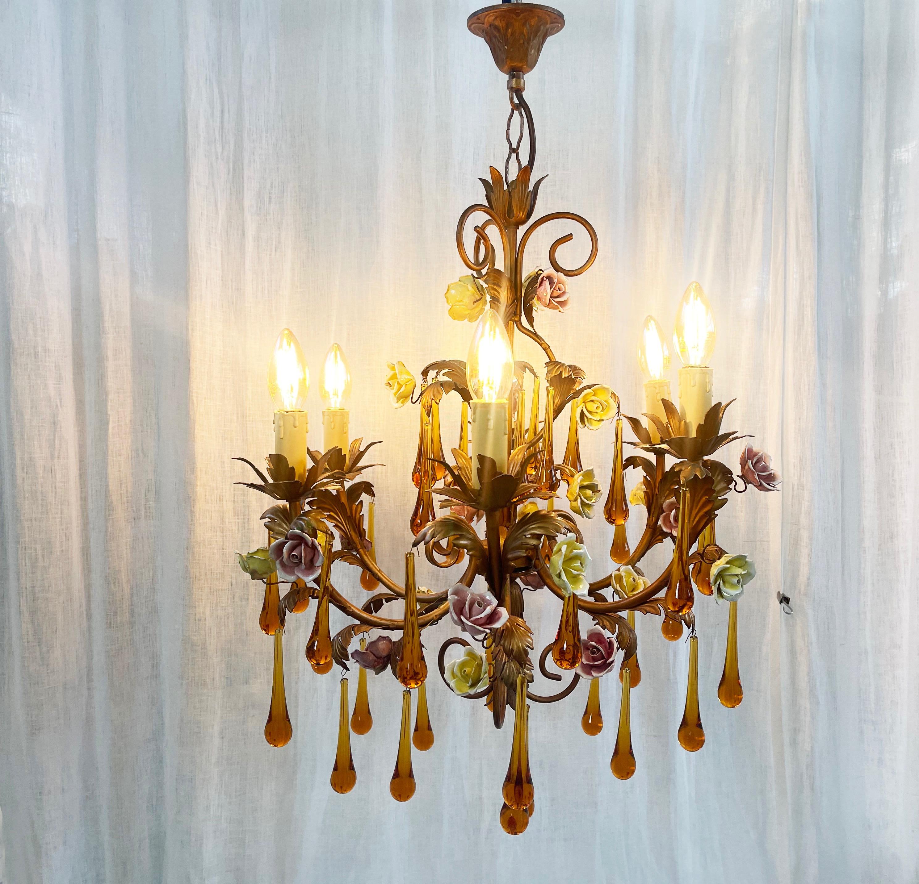 Italian Murano Amber Glass Teardrop Chandelier, Toleware & Floral Rosebuds, 1960s, Italy