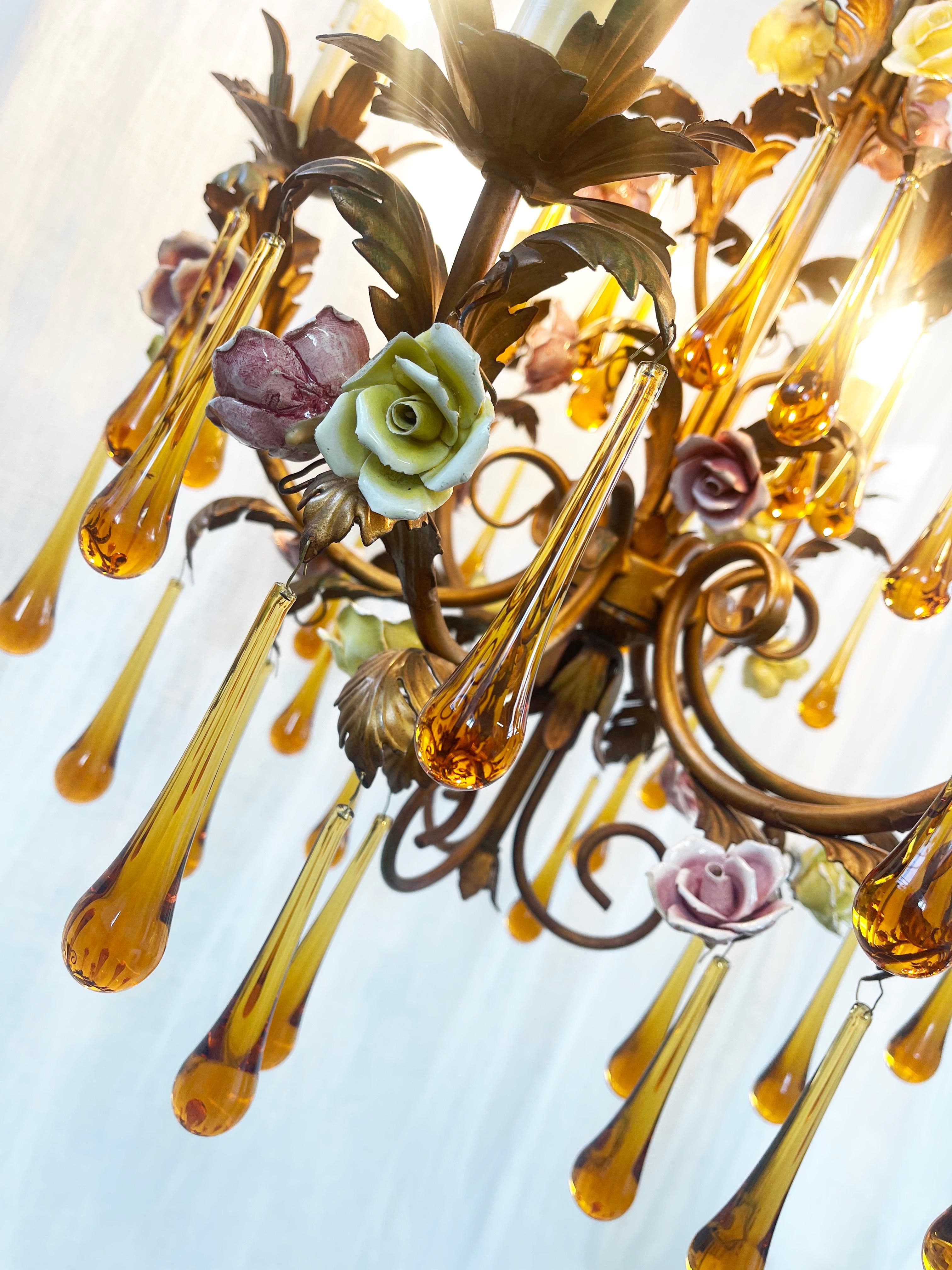 Hand-Crafted Murano Amber Glass Teardrop Chandelier, Toleware & Floral Rosebuds, 1960s, Italy