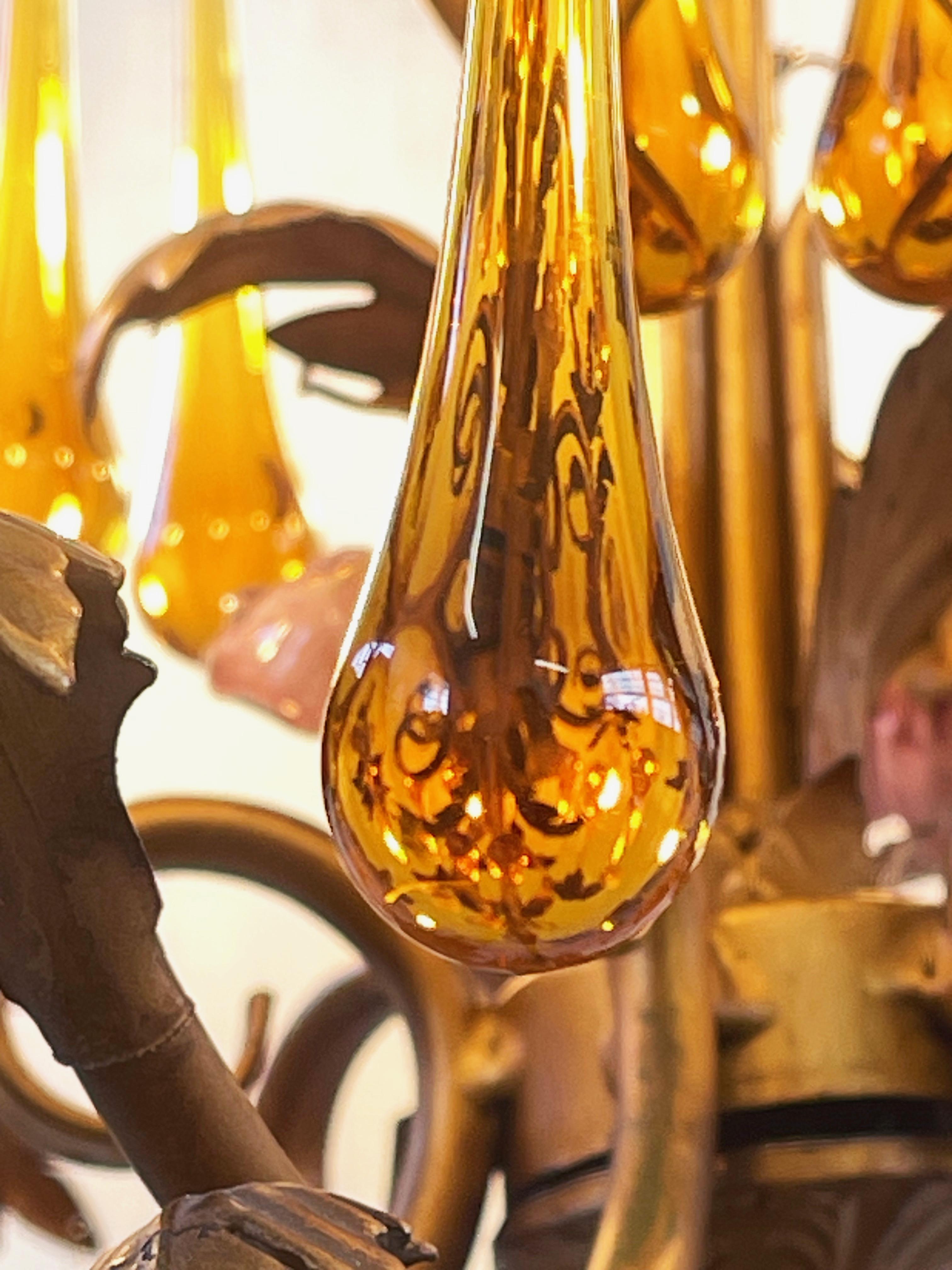 Ceramic Murano Amber Glass Teardrop Chandelier, Toleware & Floral Rosebuds, 1960s, Italy