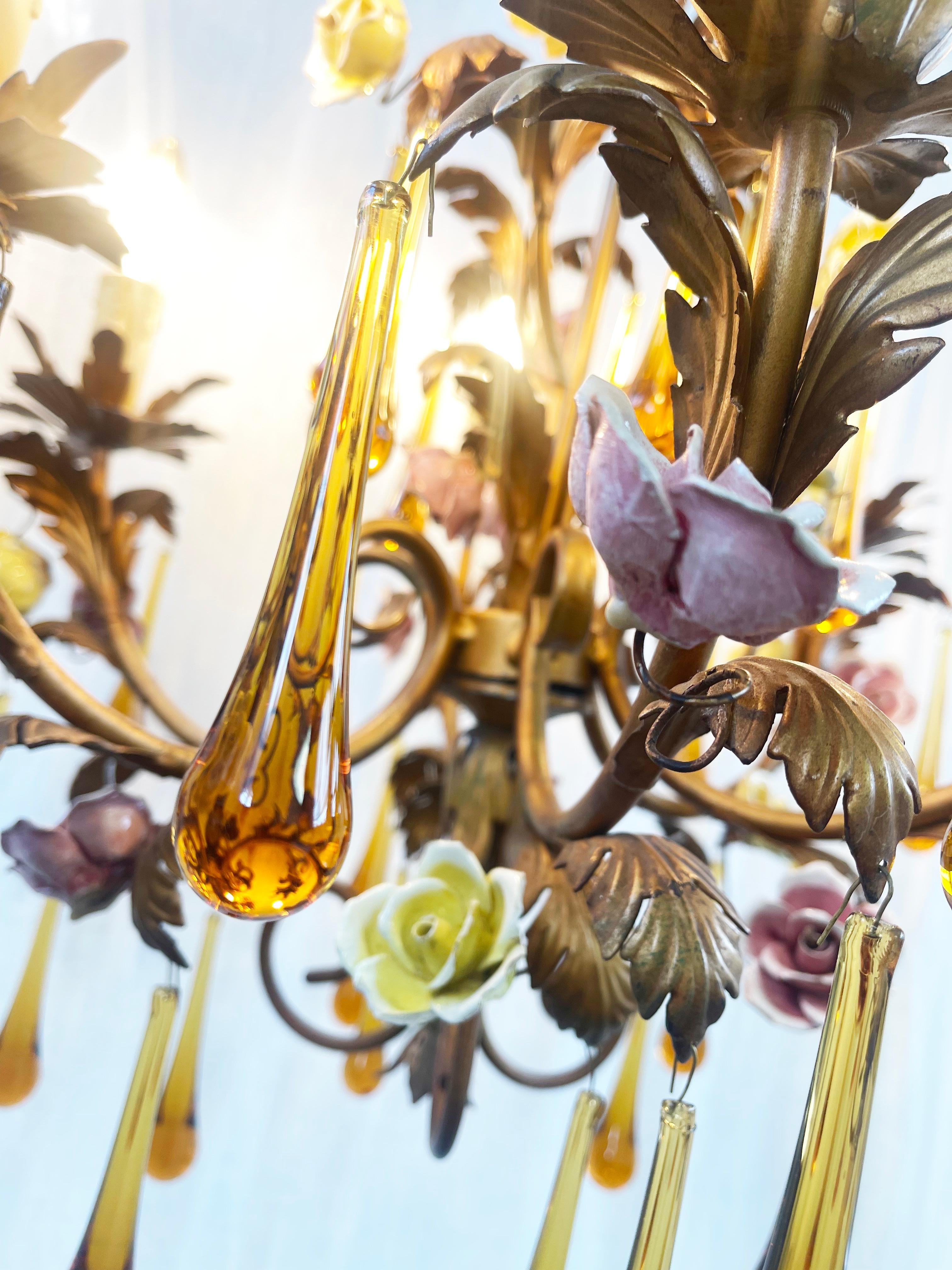 20th Century Murano Amber Glass Teardrop Chandelier, Toleware & Floral Rosebuds, 1960s, Italy