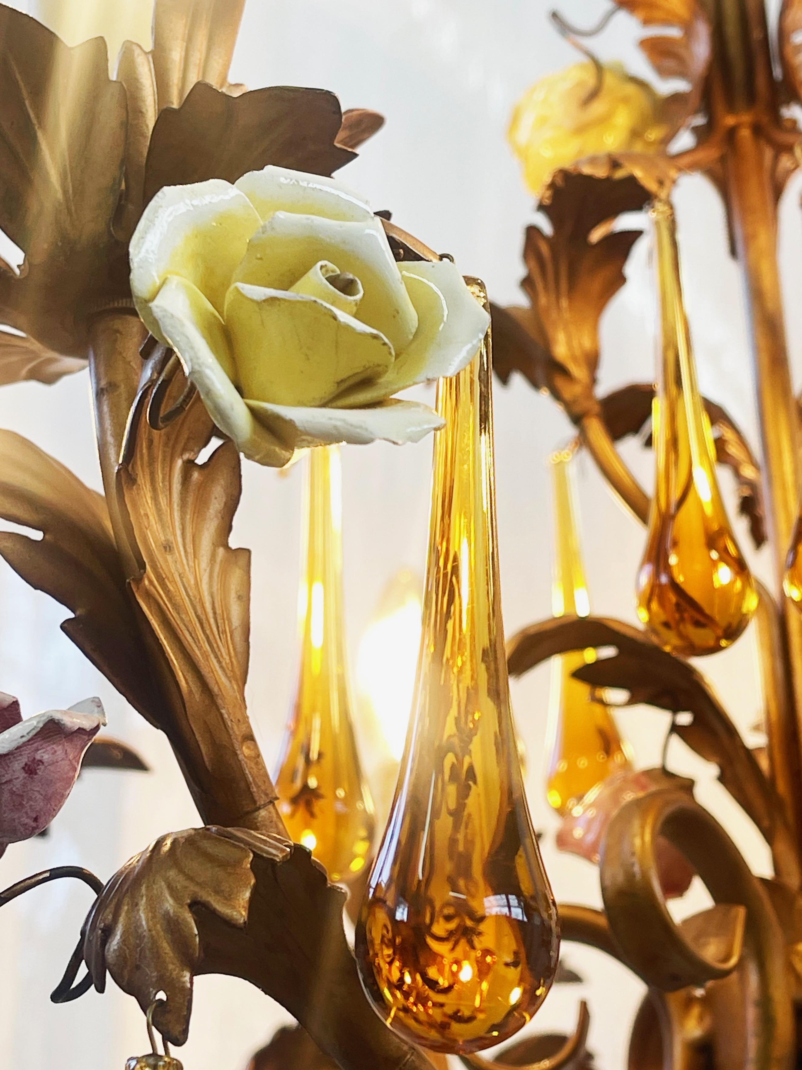 Murano Amber Glass Teardrop Chandelier, Toleware & Floral Rosebuds, 1960s, Italy 1