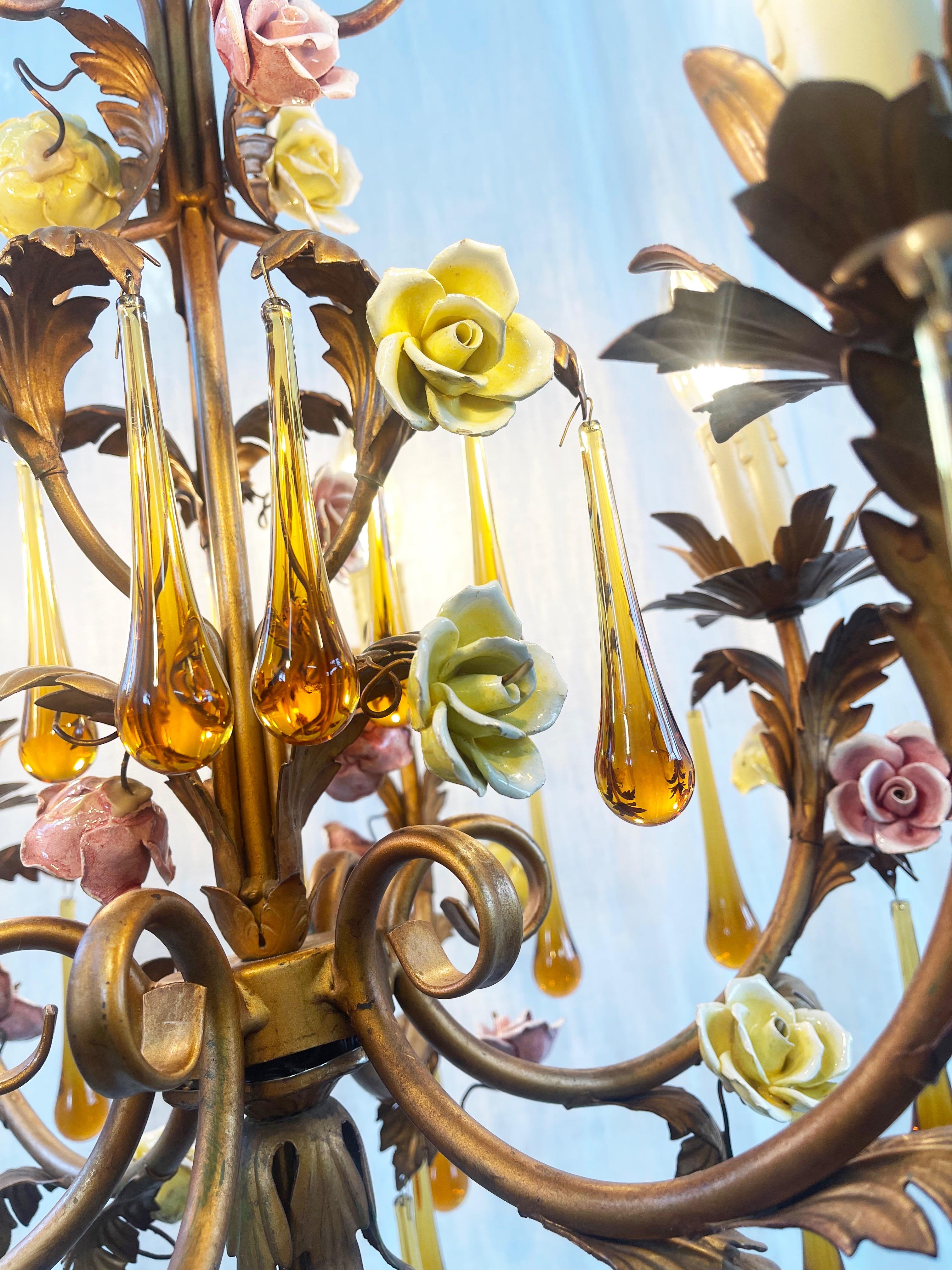 Murano Amber Glass Teardrop Chandelier, Toleware & Floral Rosebuds, 1960s, Italy 2