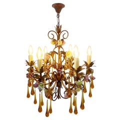 Murano Amber Glass Teardrop Chandelier, Toleware & Floral Rosebuds, 1960s, Italy
