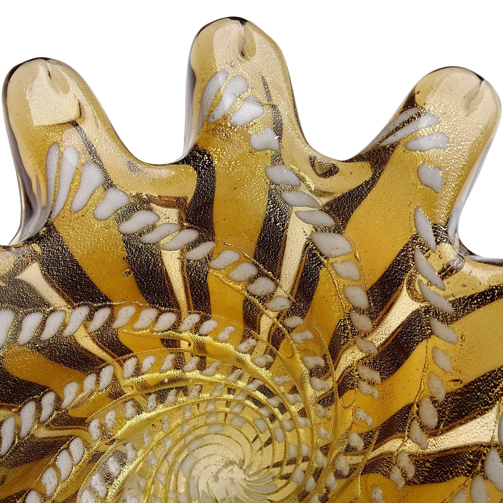 Mid-Century Modern Murano Amber Gold Flecks White Spots Design Italian Art Glass Bowl Ashtray Dish