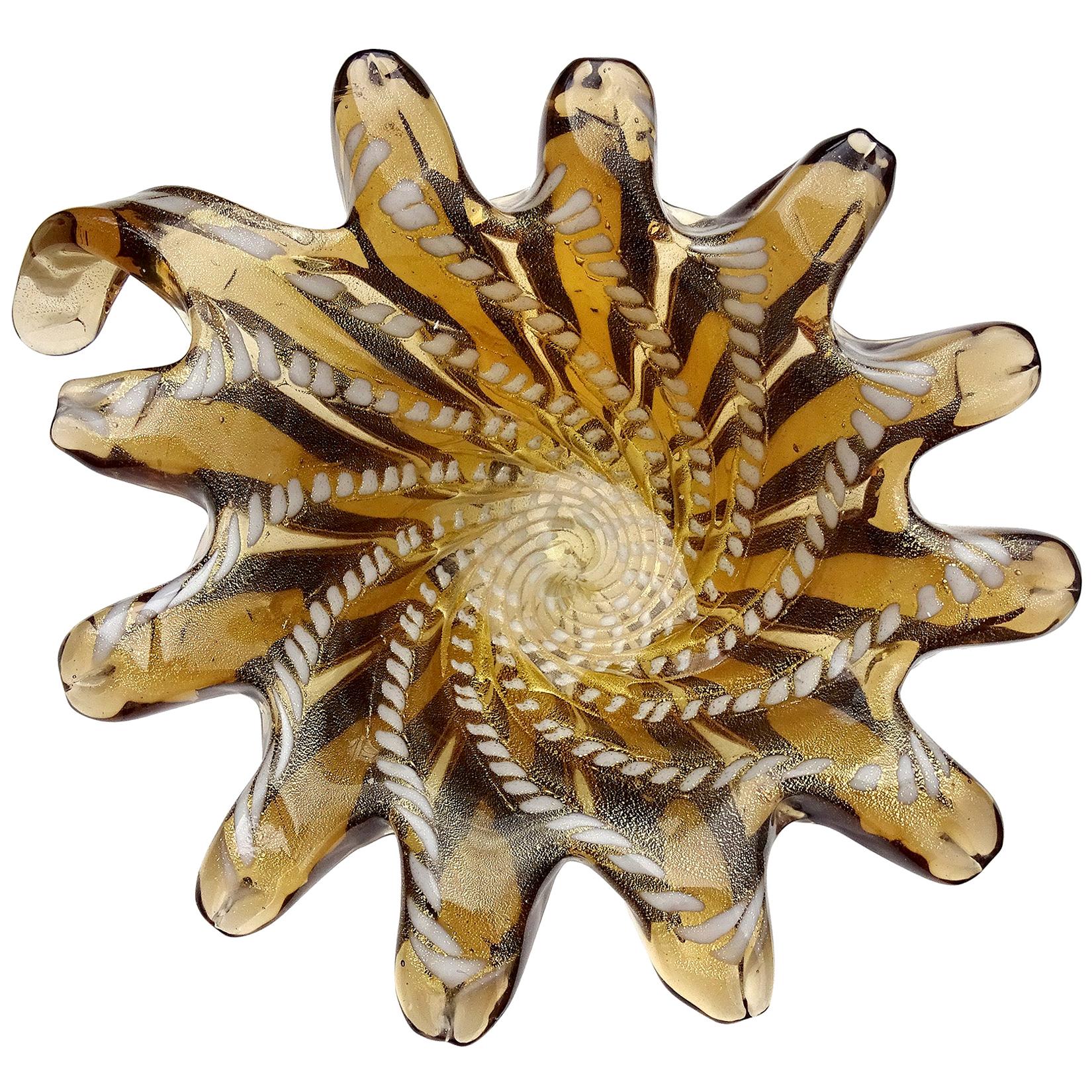 Murano Amber Gold Flecks White Spots Design Italian Art Glass Bowl Ashtray Dish