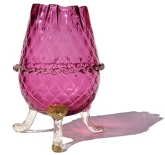 Murano Amethyst Diamond Quilt Texture Gold Leaf Italian Art Glass Flower Vase