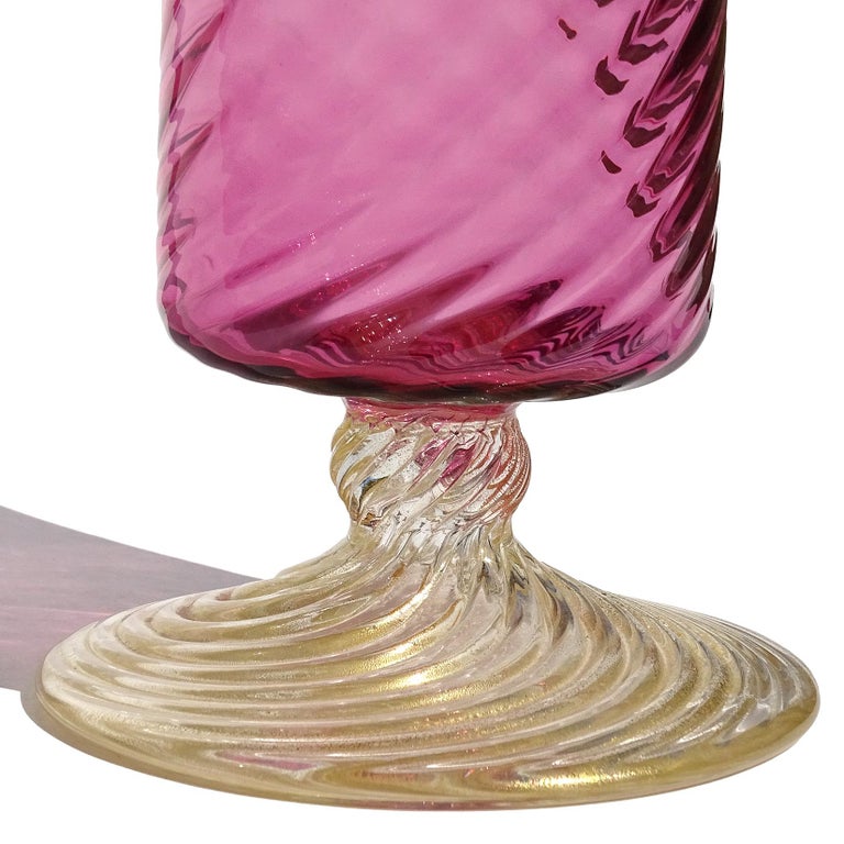 Hand-Crafted Murano Amethyst Pink Gold Flecks Italian Art Glass Midcentury Decanter Bottle For Sale