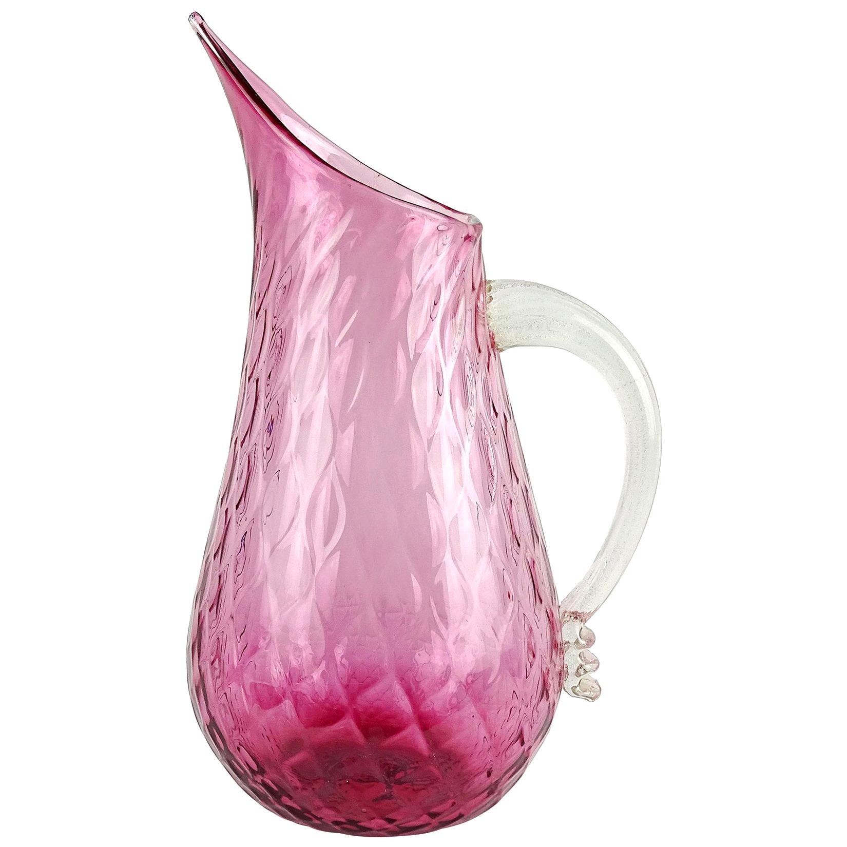 Murano Amethyst Pink Gold Flecks Quilted Italian Art Glass Pitcher Flower Vase