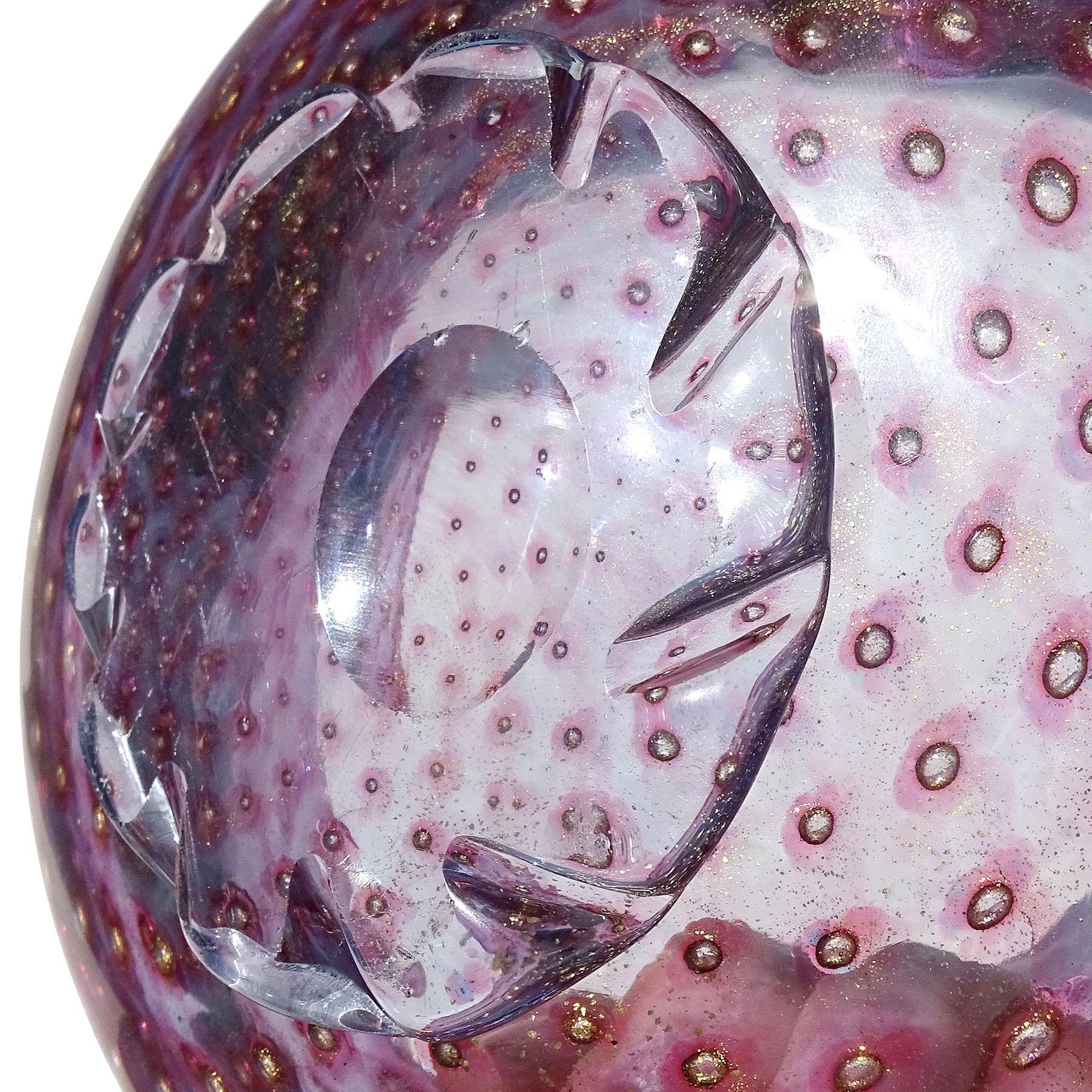 Murano Amethyst Purple Blue Gold Flecks Bubbles Italian Art Glass Footed Bowl (bol à pied) en vente 2