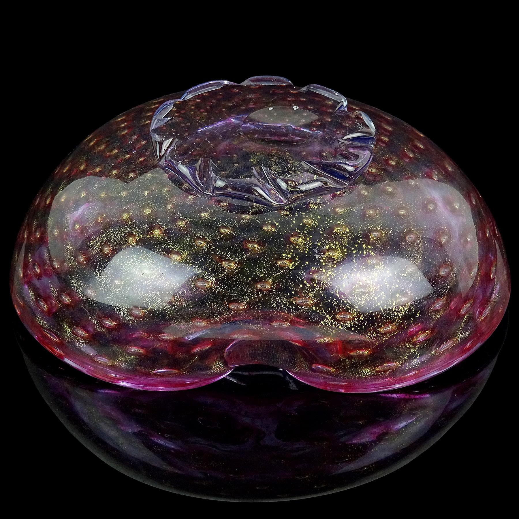 Murano Amethyst Purple Blue Gold Flecks Bubbles Italian Art Glass Footed Bowl For Sale 5