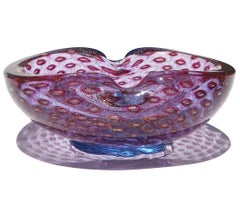 Murano Amethyst Purple Blue Gold Flecks Bubbles Italian Art Glass Footed Bowl