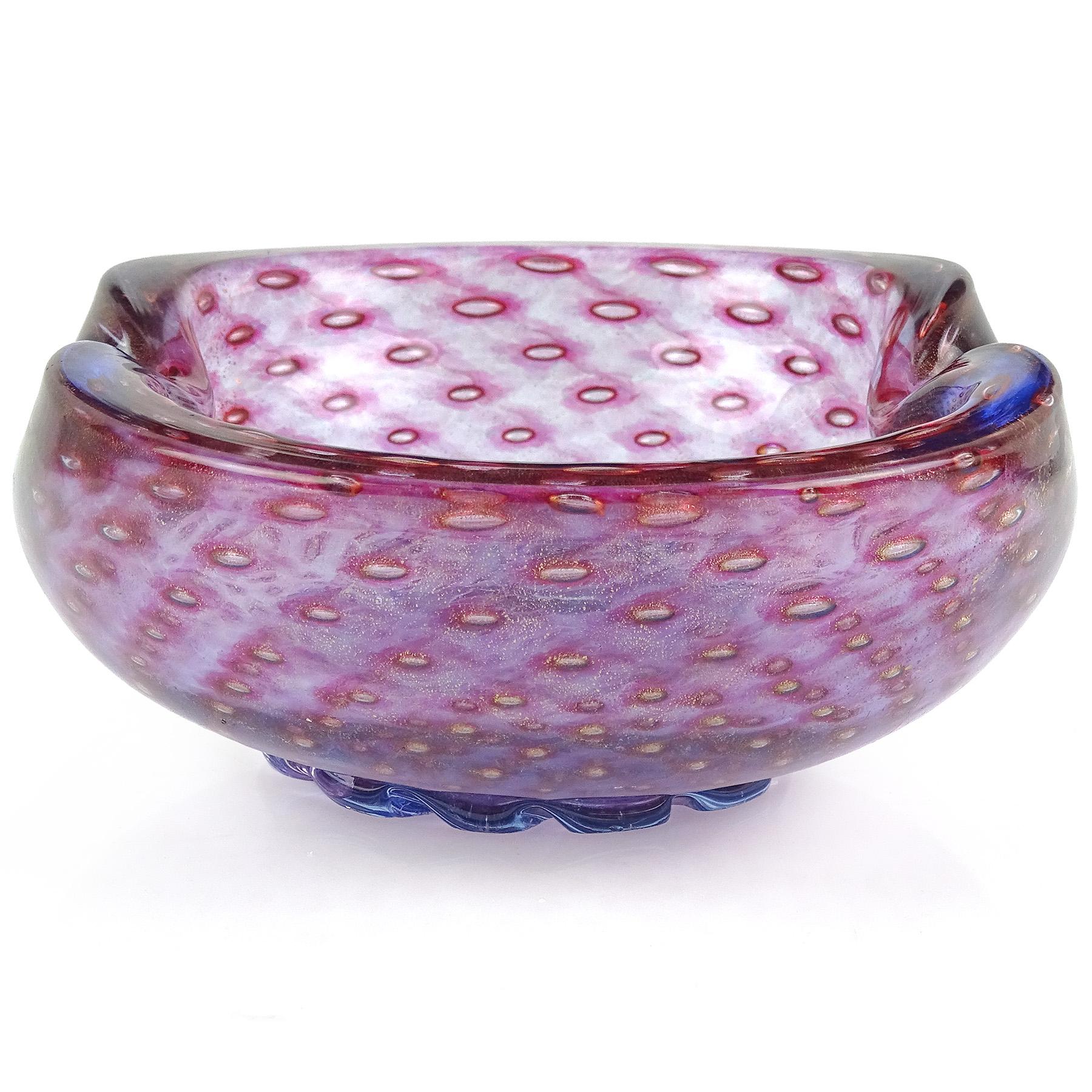20th Century Murano Amethyst Purple Blue Gold Flecks Bubbles Italian Art Glass Footed Bowl For Sale