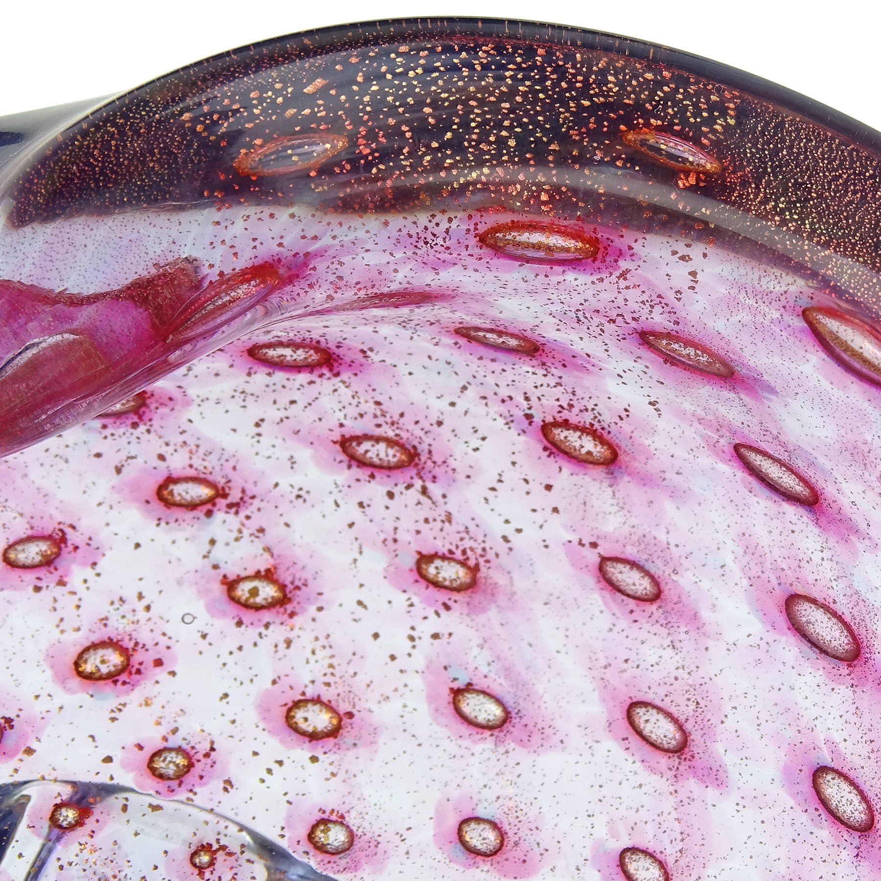 Murano Amethyst Purple Blue Gold Flecks Bubbles Italian Art Glass Footed Bowl For Sale 1