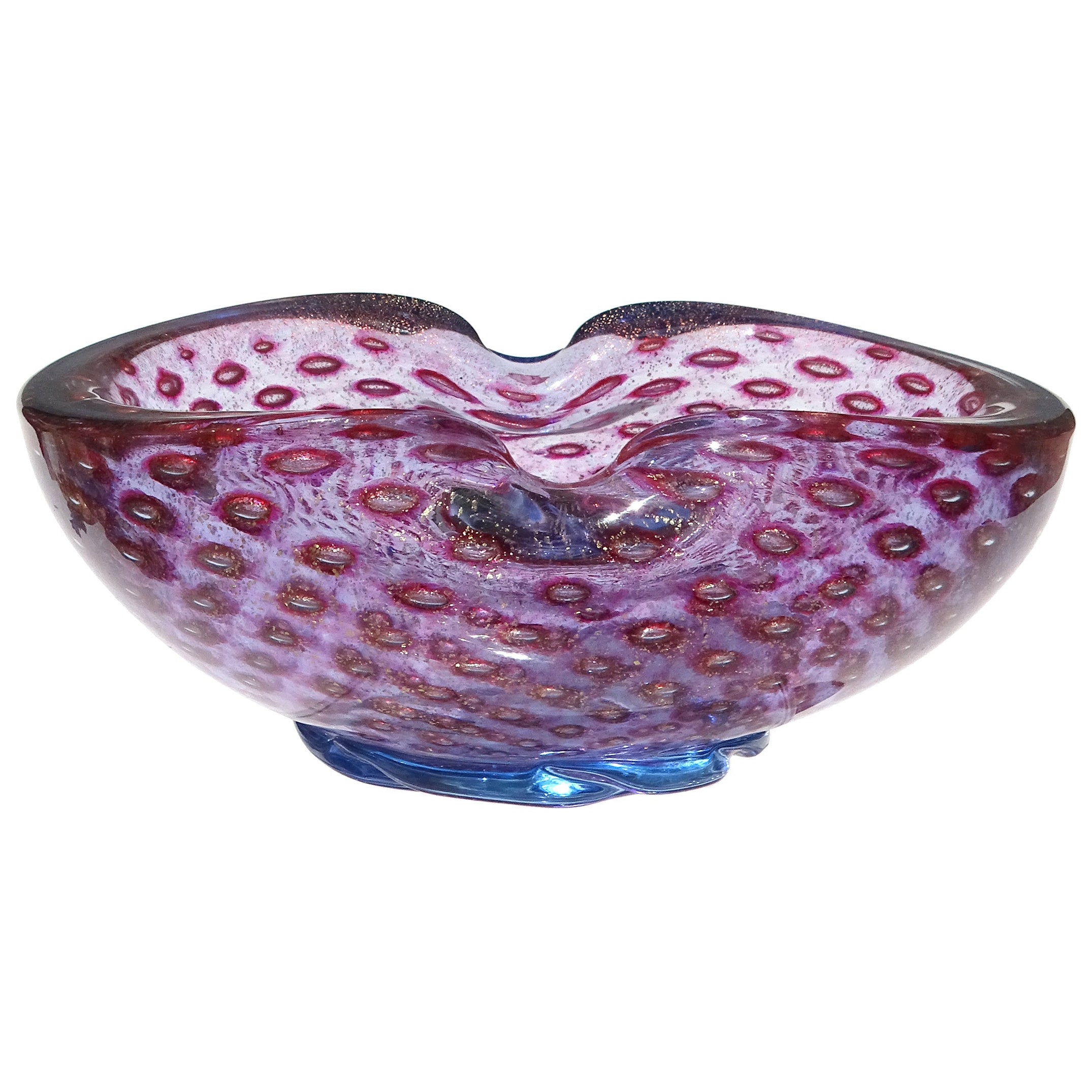 Ciotola con piedini in vetro artistico italiano di Murano, ametista, viola, blu, oro e bolle in vendita