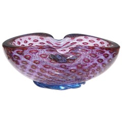 Murano Amethyst Purple Blue Gold Flecks Bubbles Italian Art Glass Footed Bowl